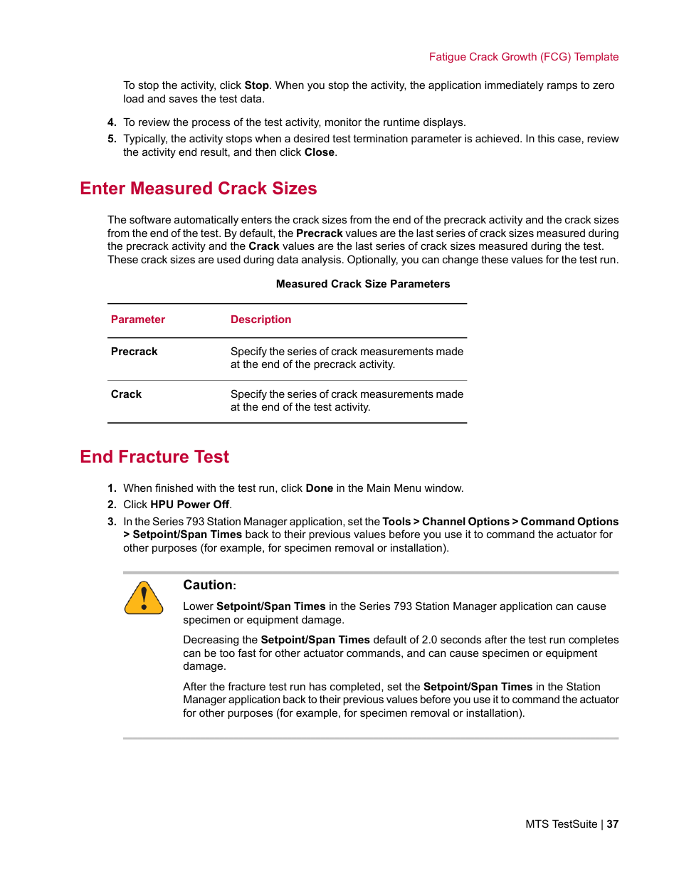 Enter measured crack sizes, End fracture test | MTS Fracture Template User Manual | Page 37 / 92