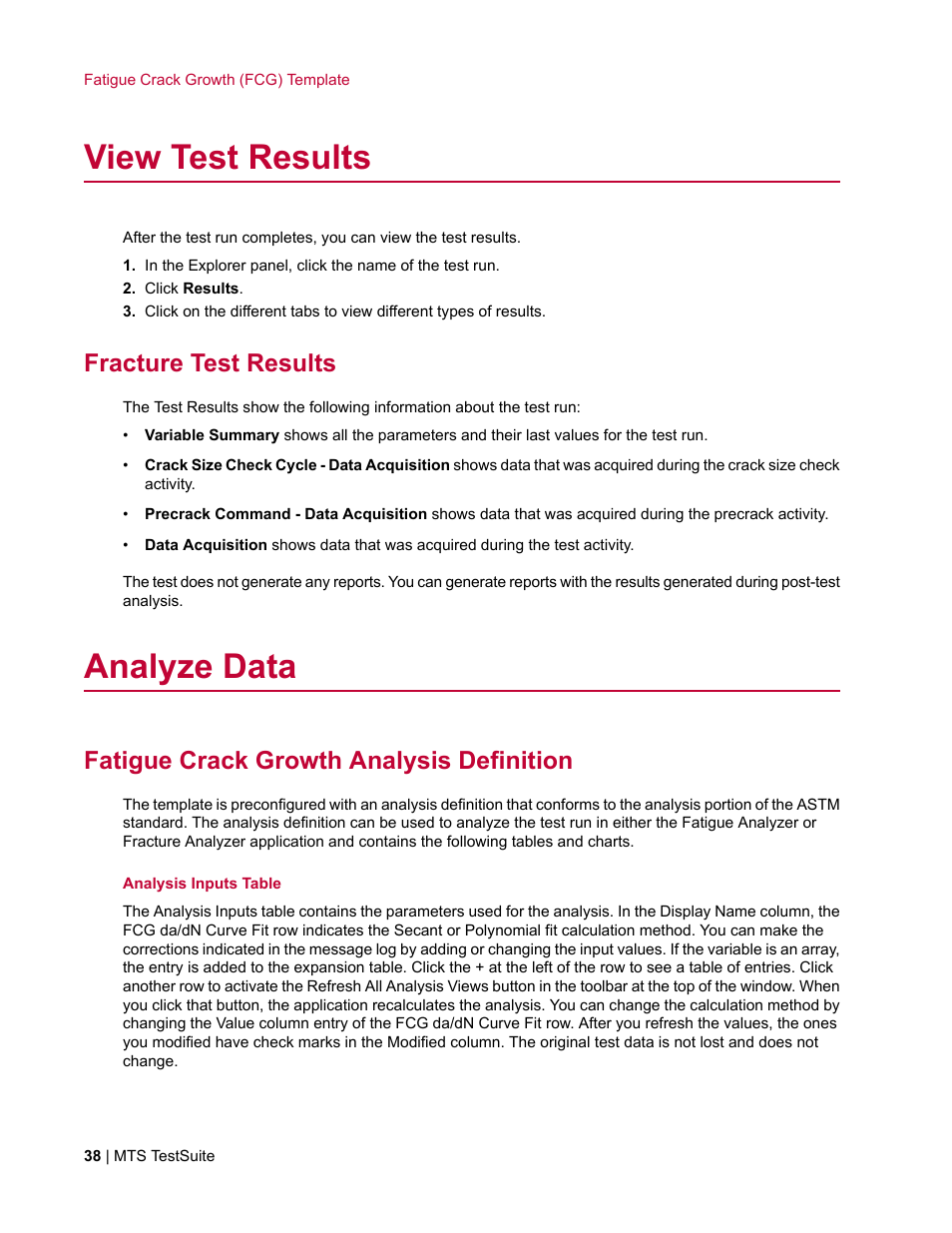 View test results, Fracture test results, Analyze data | Fatigue crack growth analysis definition | MTS Fracture Template User Manual | Page 38 / 92