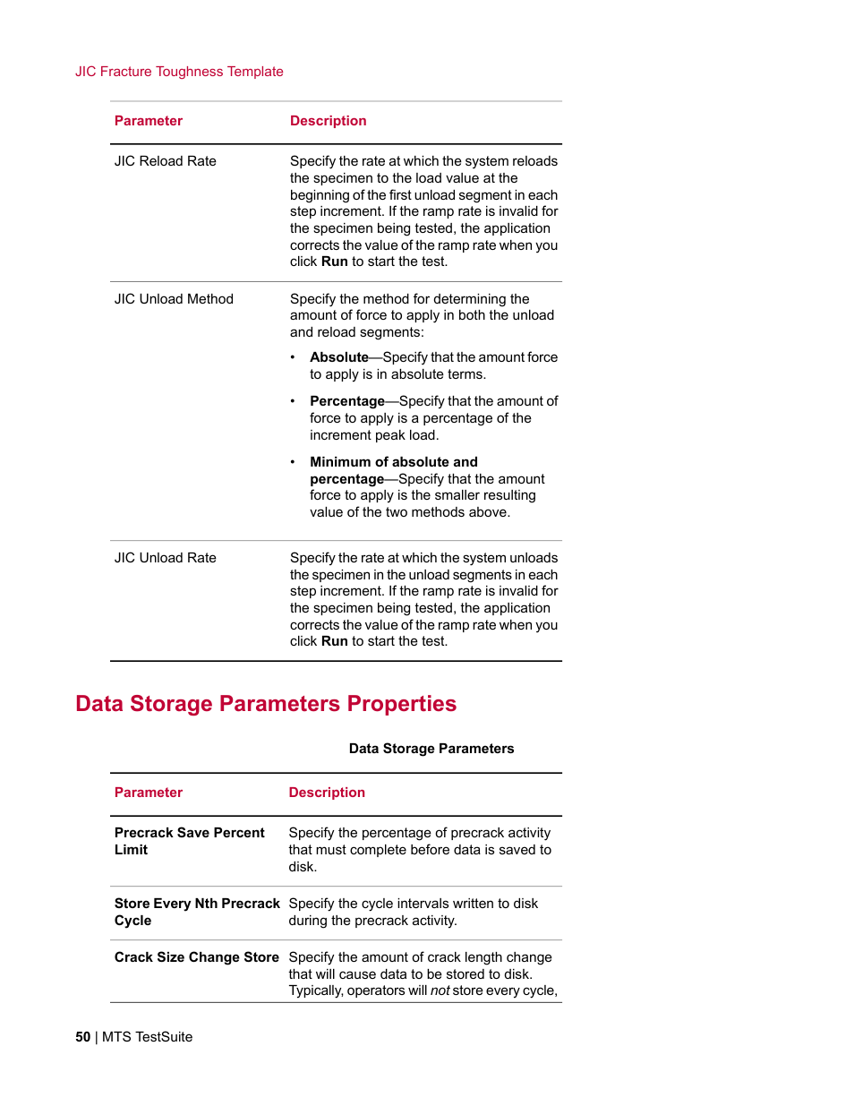 Data storage parameters properties | MTS Fracture Template User Manual | Page 50 / 92