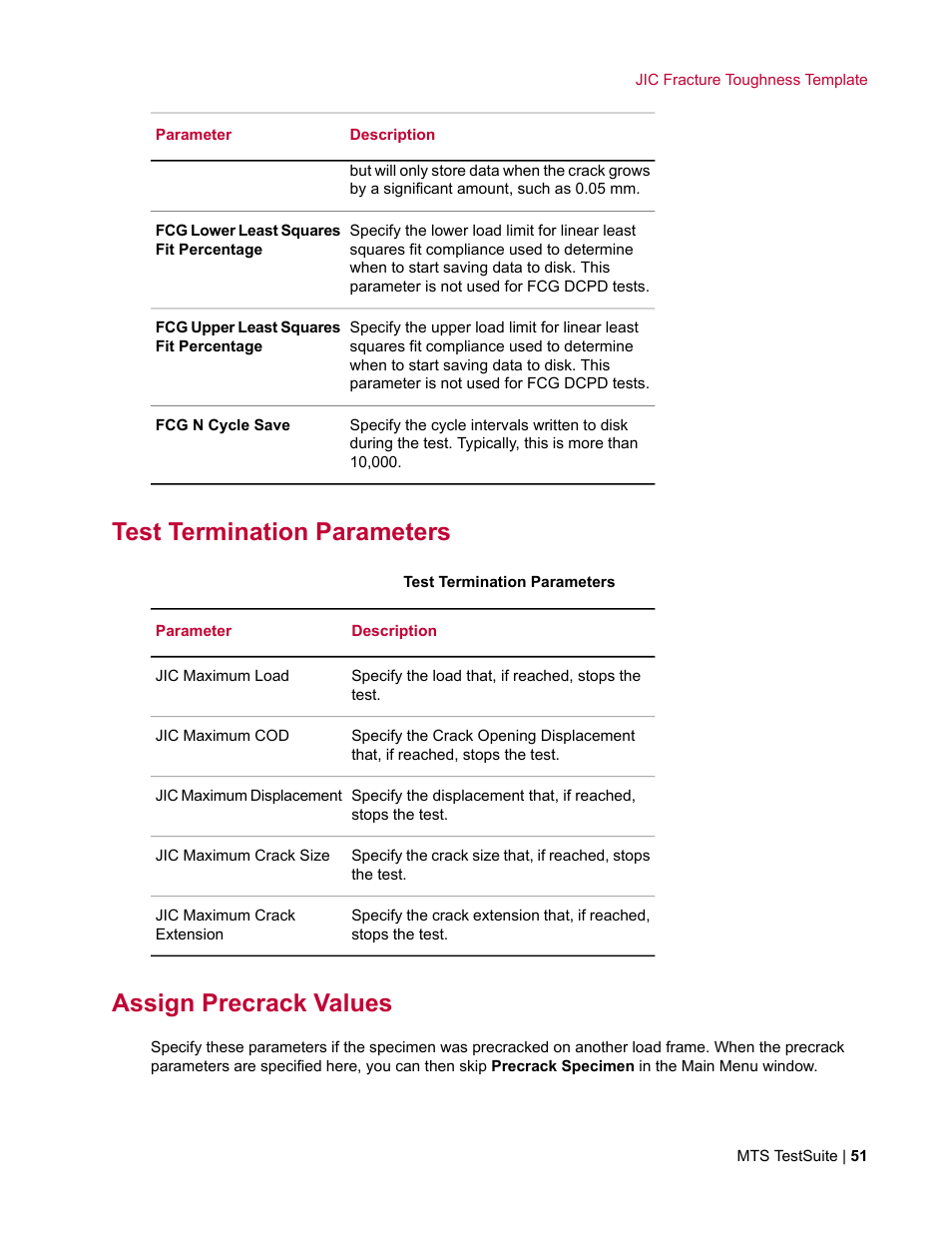 Test termination parameters, Assign precrack values | MTS Fracture Template User Manual | Page 51 / 92