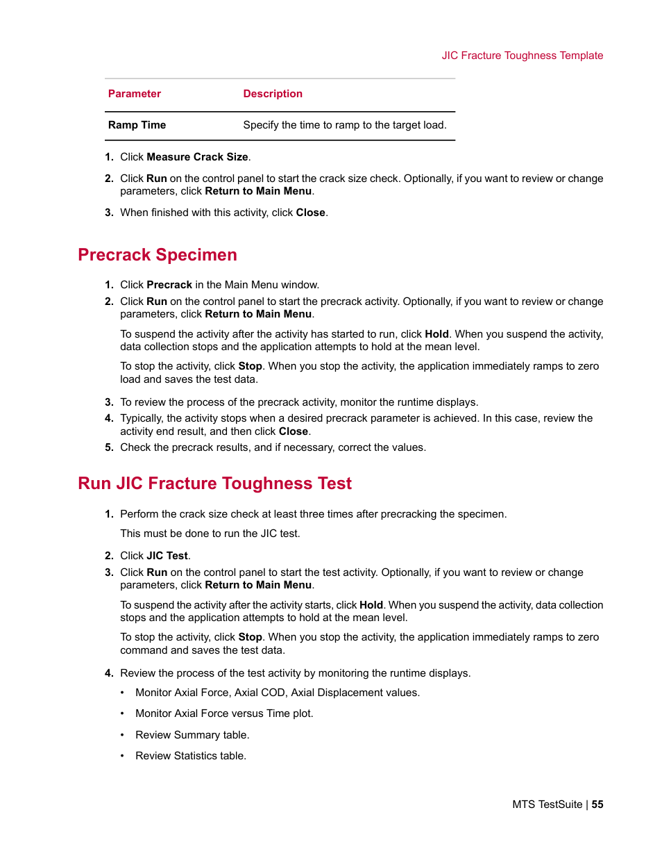 Precrack specimen, Run jic fracture toughness test | MTS Fracture Template User Manual | Page 55 / 92