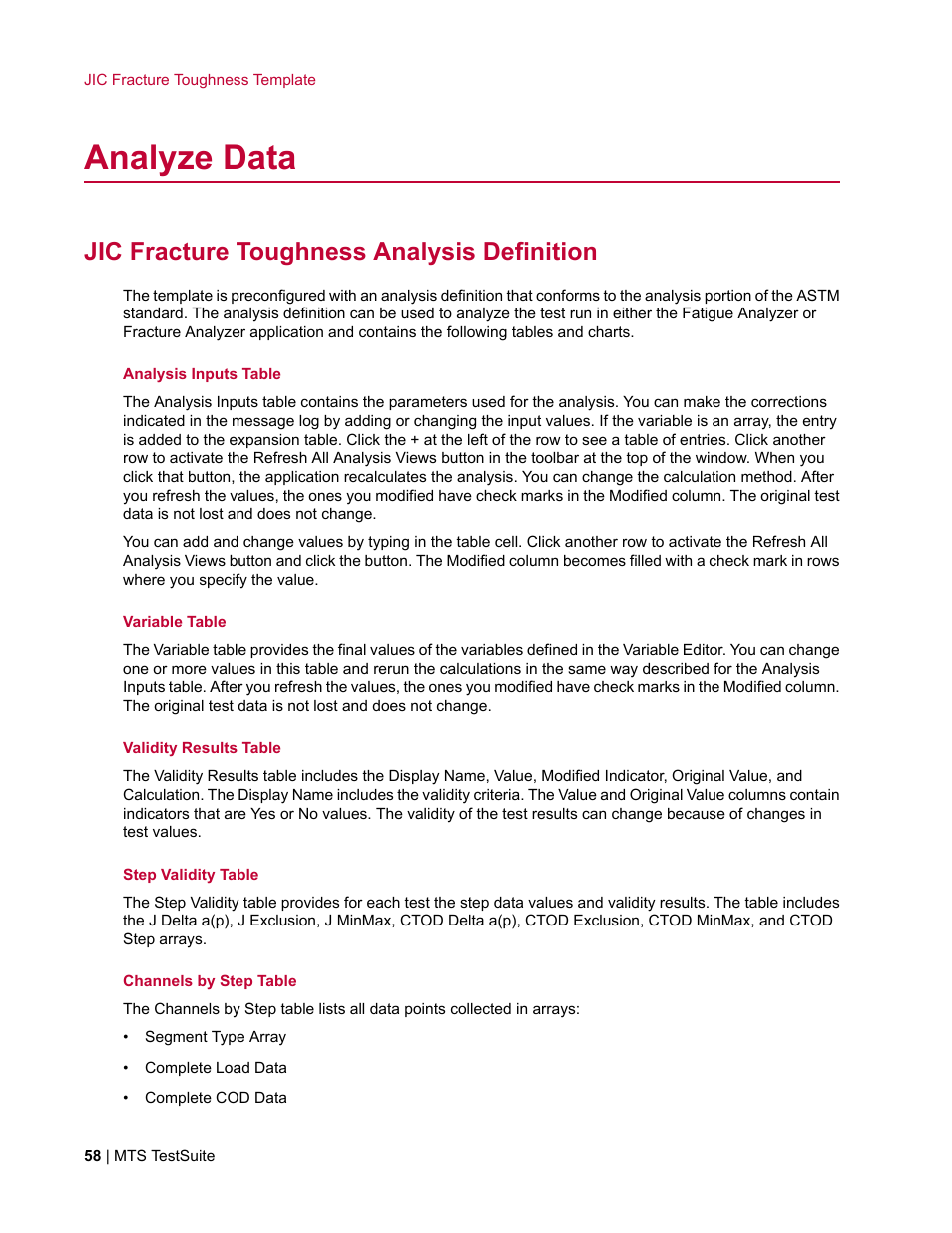 Analyze data, Jic fracture toughness analysis definition | MTS Fracture Template User Manual | Page 58 / 92