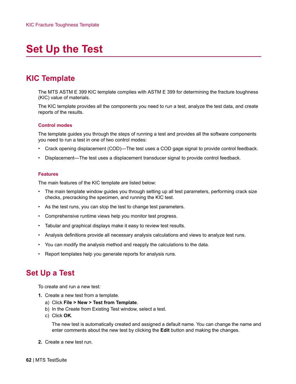 Set up the test, Kic template, Set up a test | MTS Fracture Template User Manual | Page 62 / 92