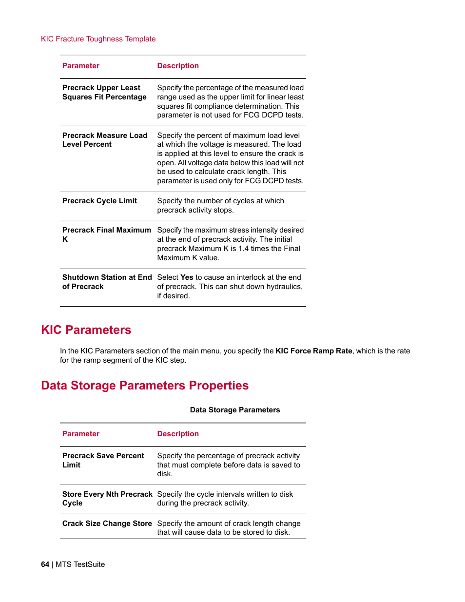 Kic parameters, Data storage parameters properties | MTS Fracture Template User Manual | Page 64 / 92