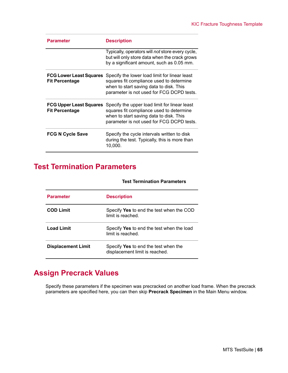 Test termination parameters, Assign precrack values | MTS Fracture Template User Manual | Page 65 / 92