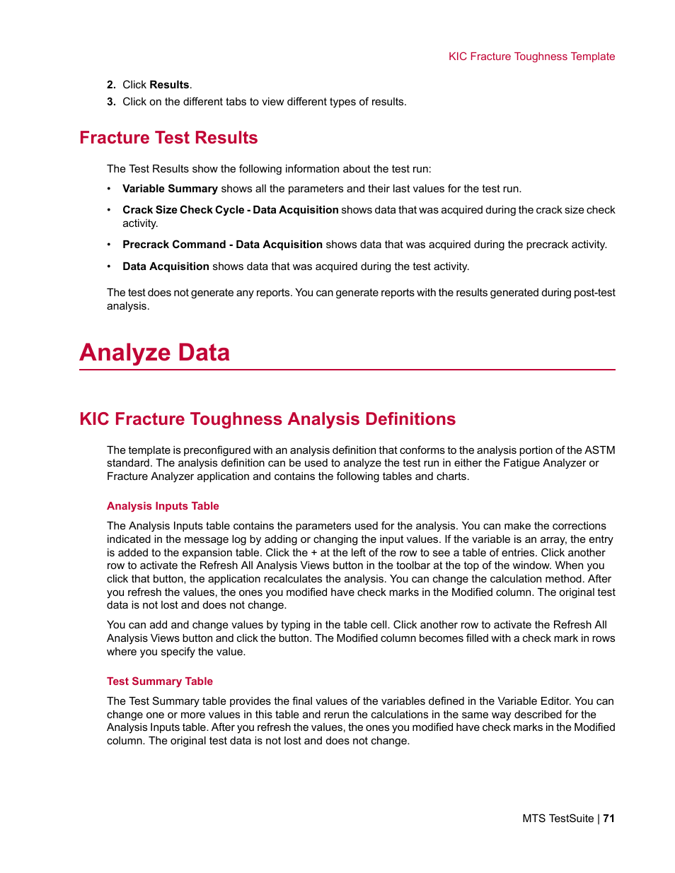 Fracture test results, Analyze data, Kic fracture toughness analysis definitions | MTS Fracture Template User Manual | Page 71 / 92