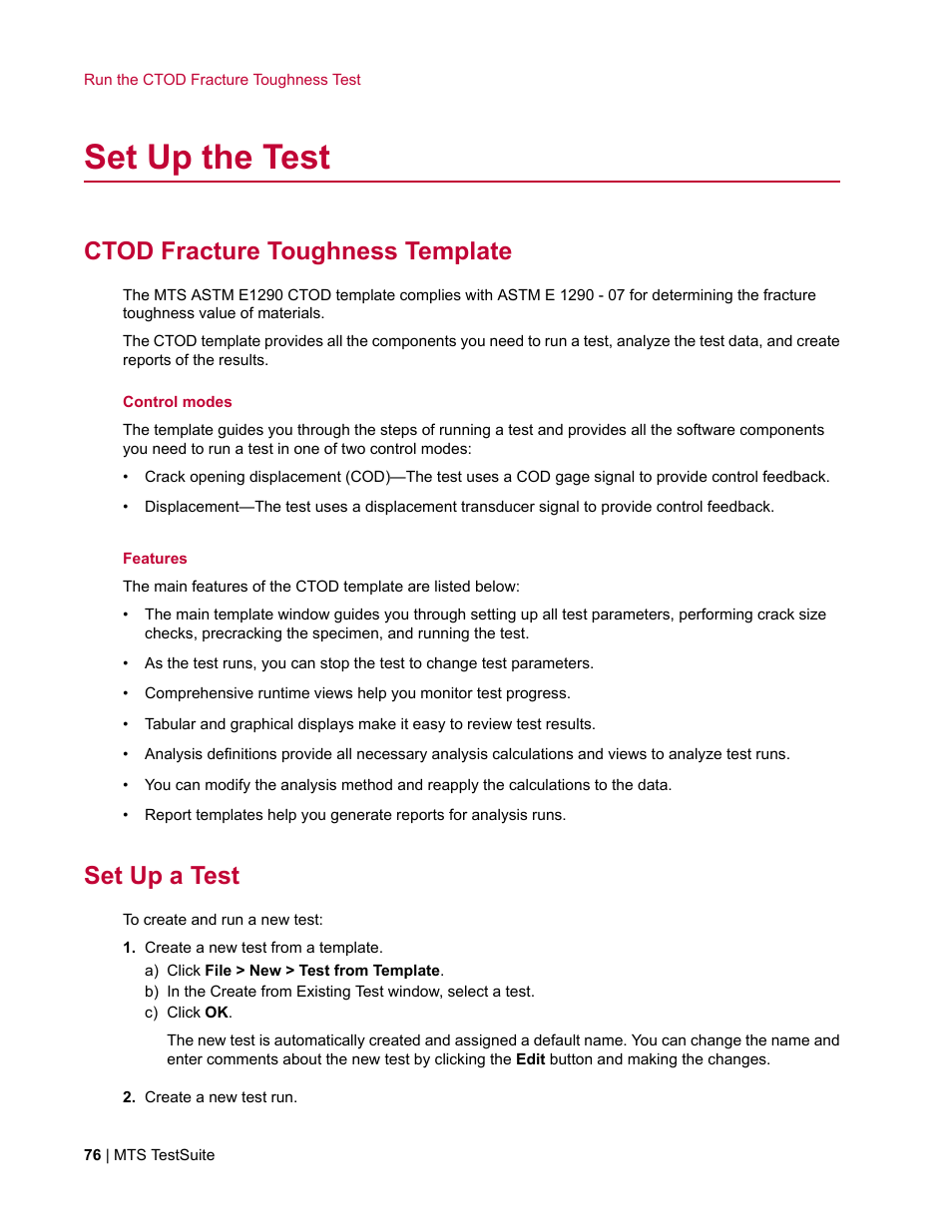 Set up the test, Ctod fracture toughness template, Set up a test | MTS Fracture Template User Manual | Page 76 / 92