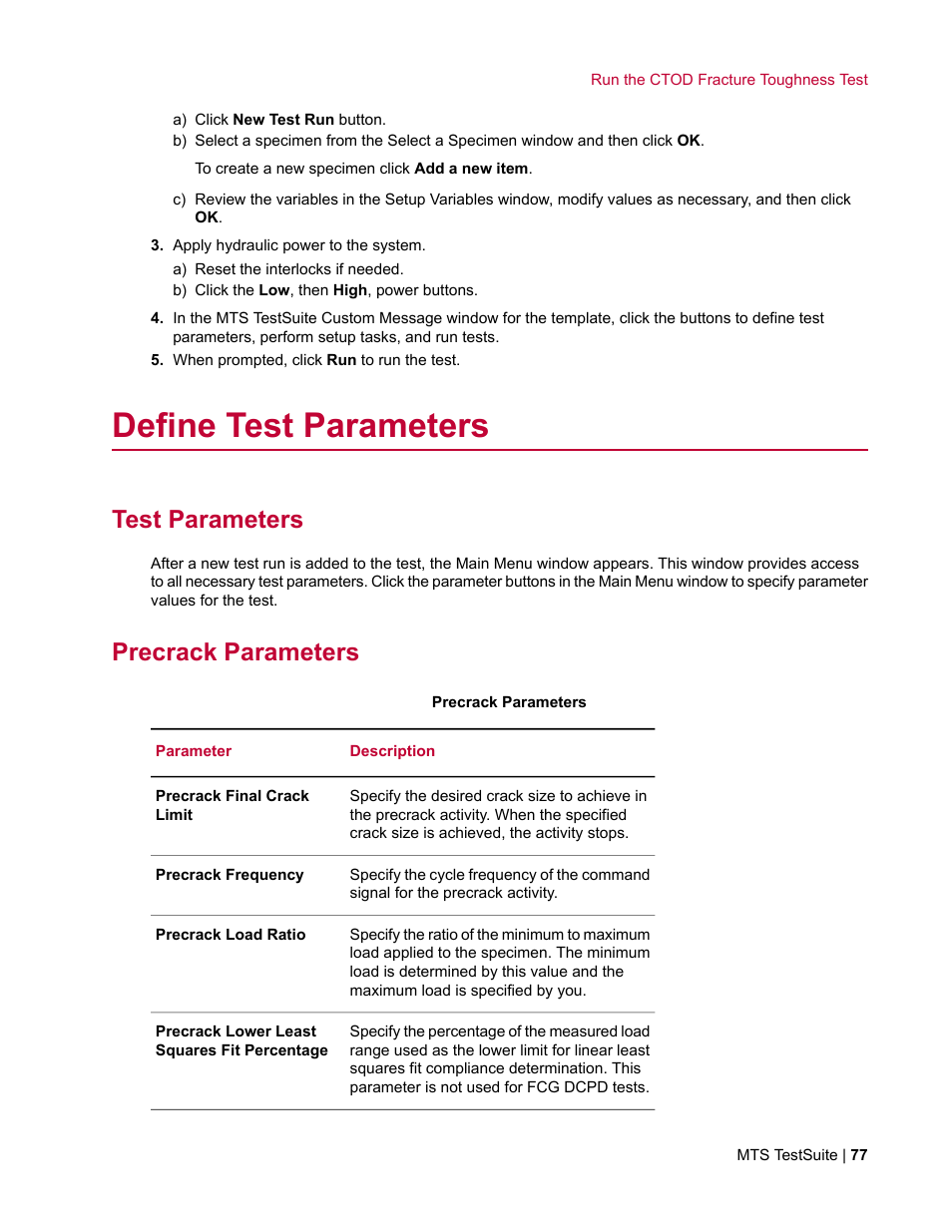Define test parameters, Test parameters, Precrack parameters | MTS Fracture Template User Manual | Page 77 / 92