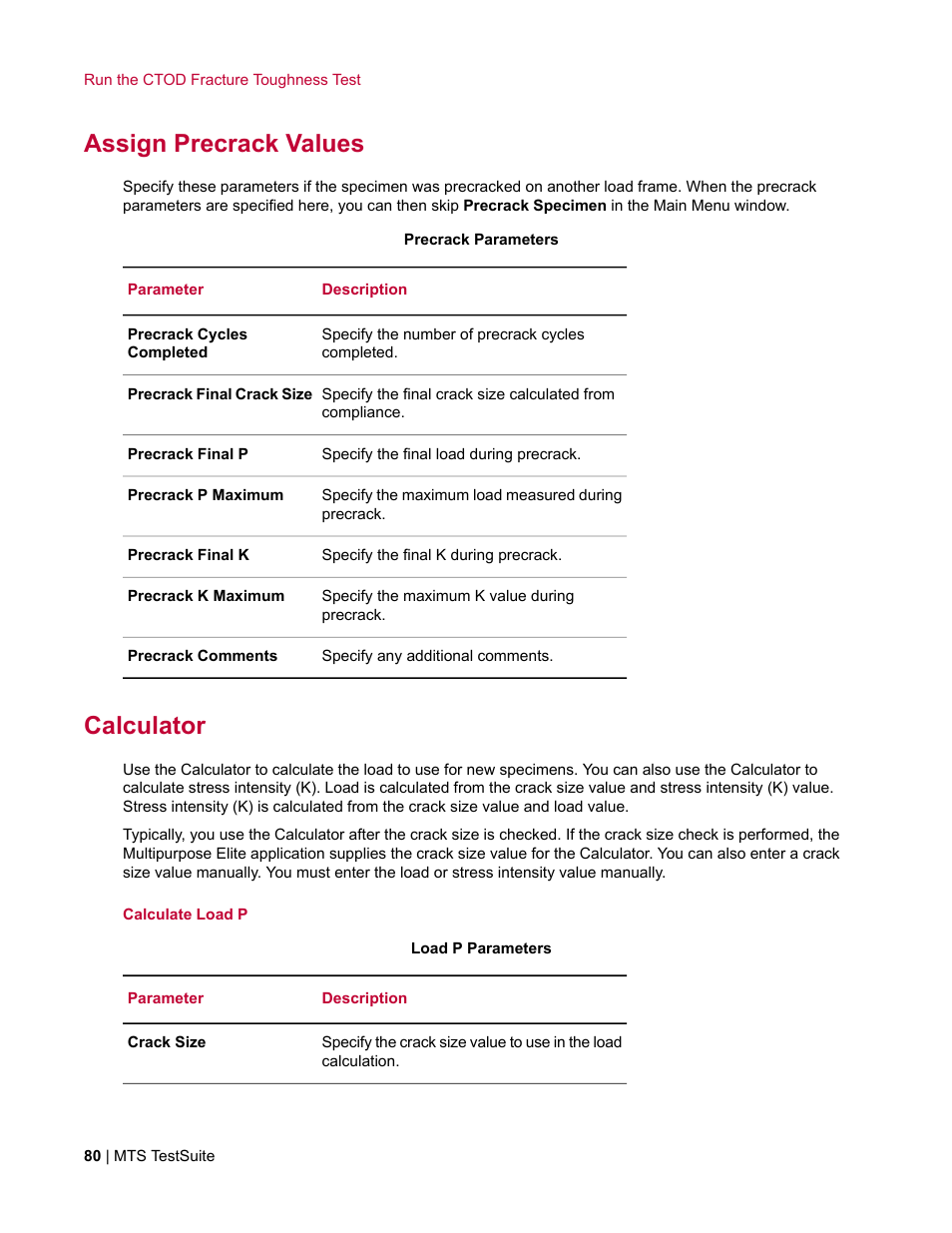 Assign precrack values, Calculator | MTS Fracture Template User Manual | Page 80 / 92