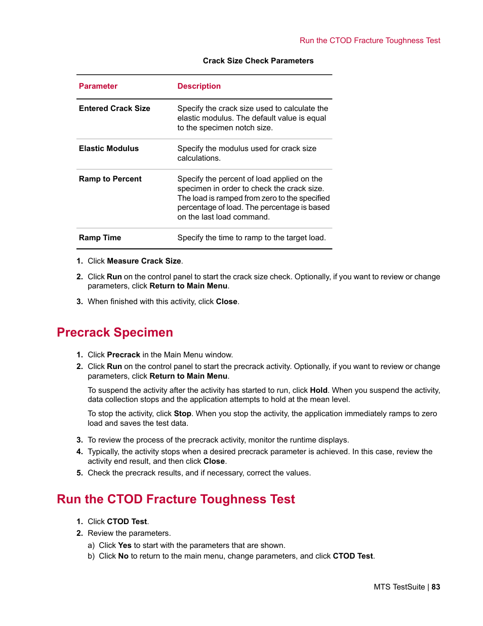 Precrack specimen, Run the ctod fracture toughness test | MTS Fracture Template User Manual | Page 83 / 92