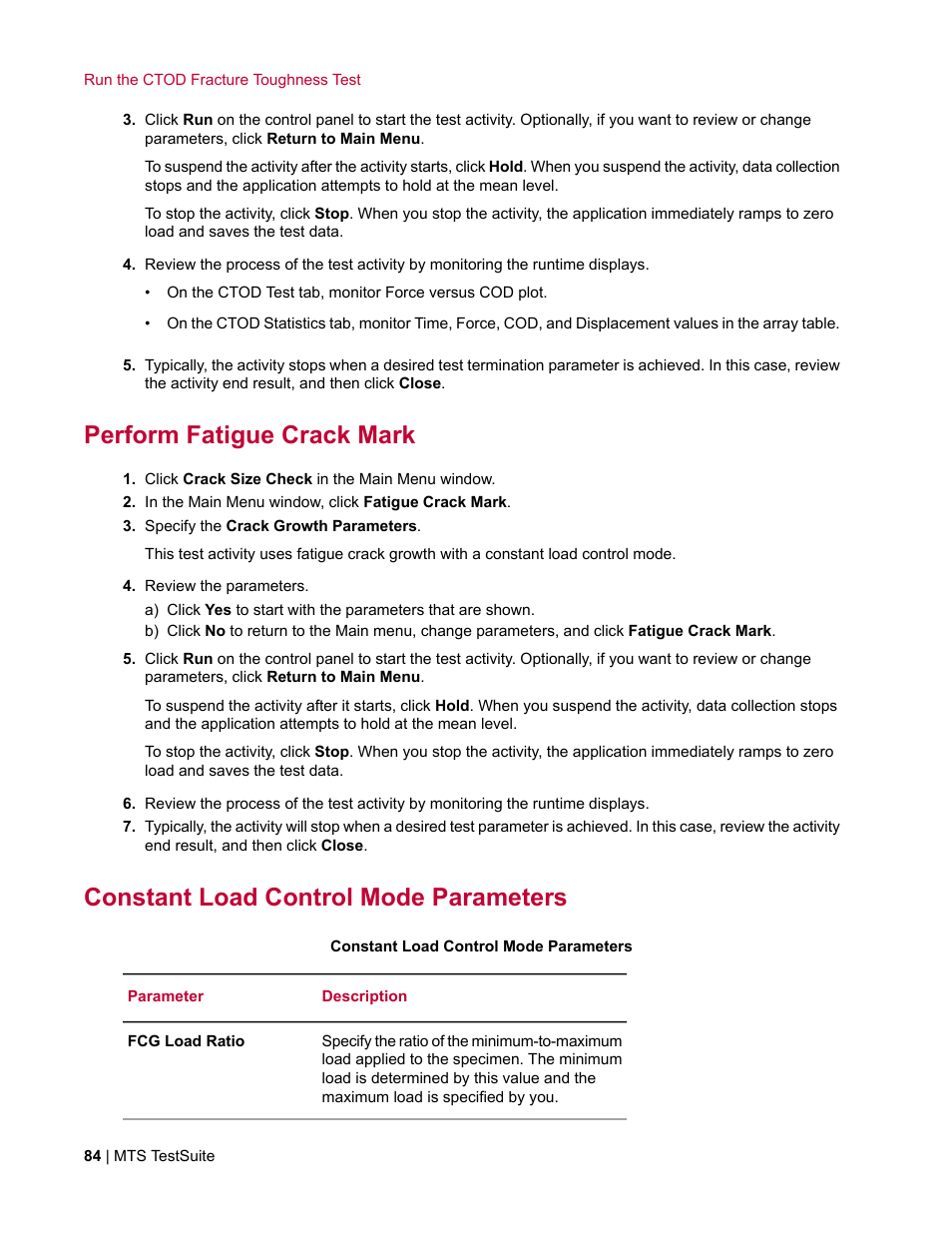 Perform fatigue crack mark, Constant load control mode parameters | MTS Fracture Template User Manual | Page 84 / 92