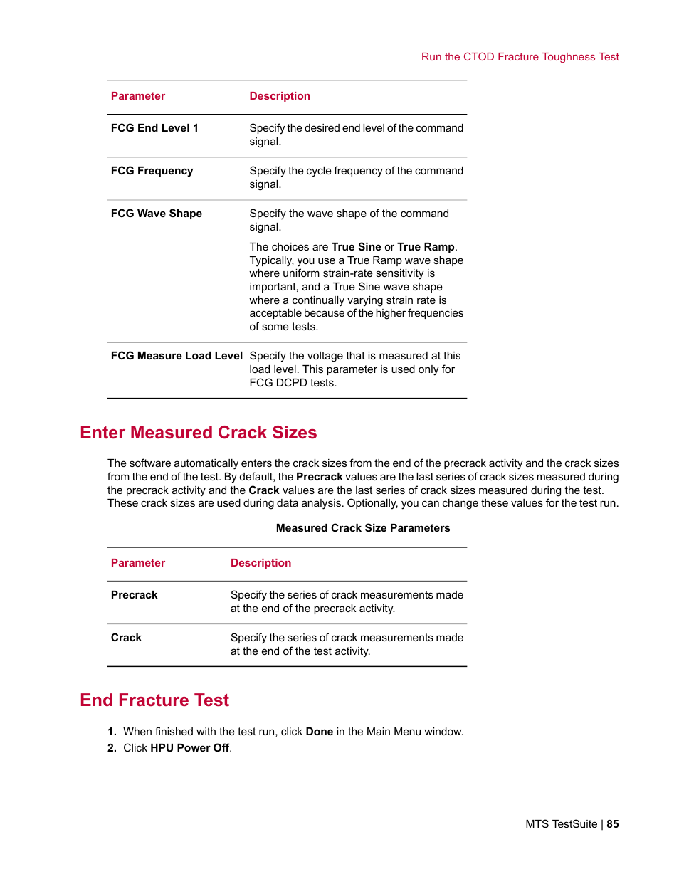 Enter measured crack sizes, End fracture test | MTS Fracture Template User Manual | Page 85 / 92