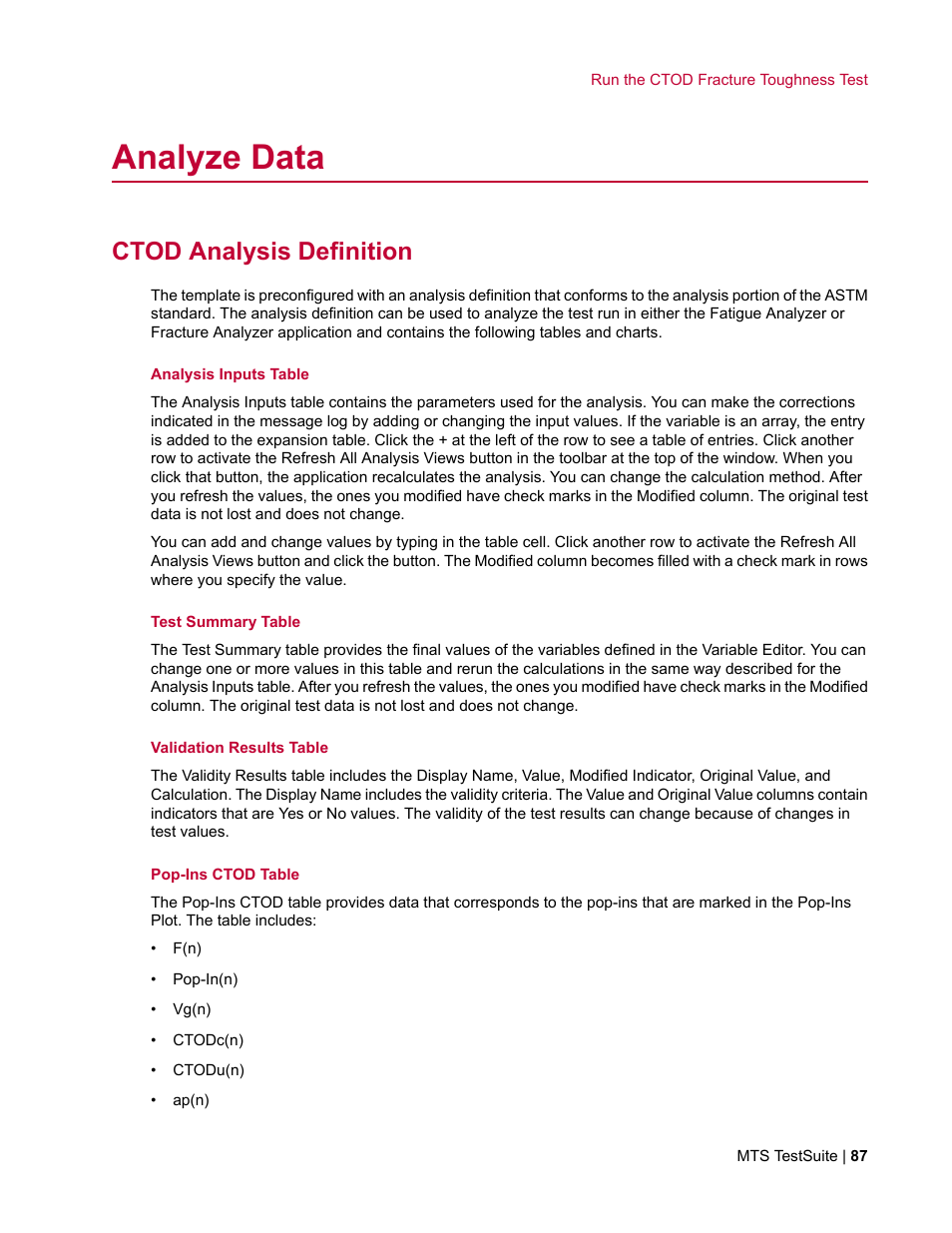 Analyze data, Ctod analysis definition | MTS Fracture Template User Manual | Page 87 / 92