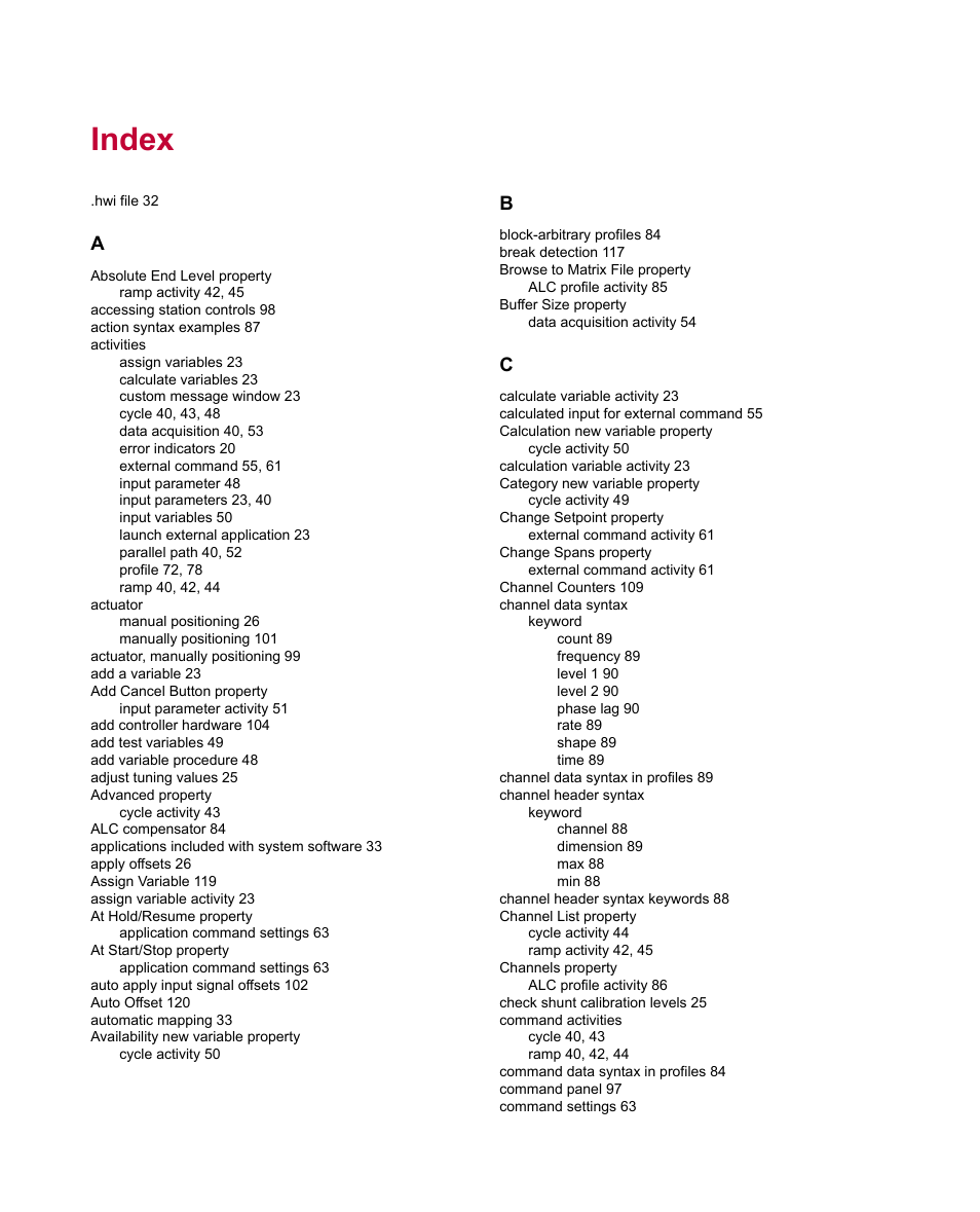 Index | MTS Multipurpose Elite Test User Manual | Page 121 / 130