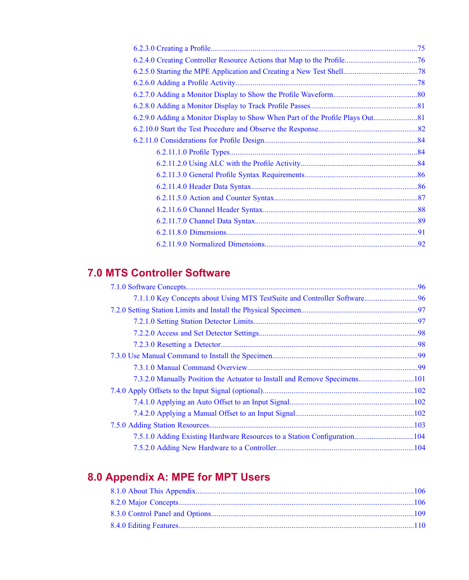 0 mts controller software 95, 0 appendix a: mpe for mpt users 105 | MTS Multipurpose Elite Test User Manual | Page 5 / 130