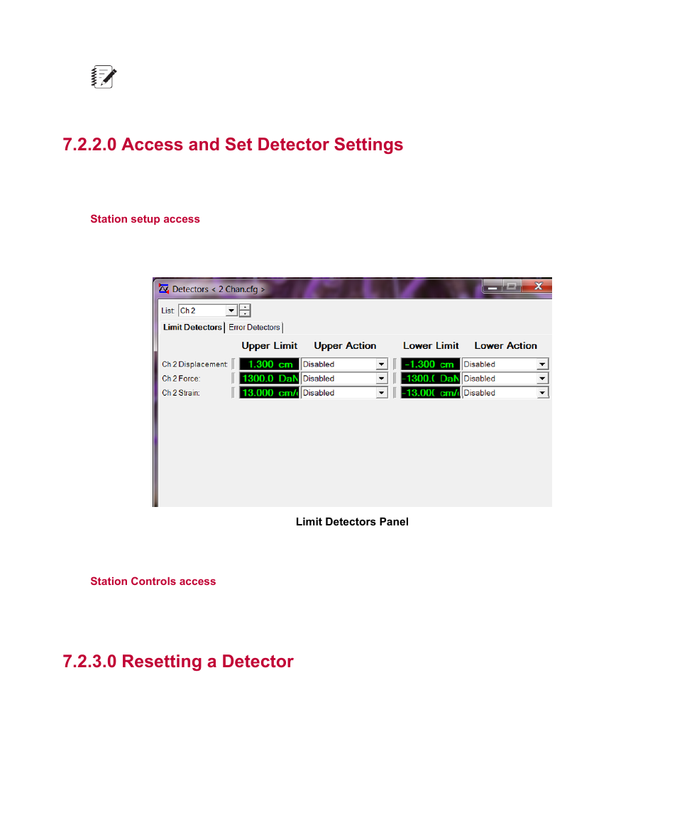 0 access and set detector settings, 0 resetting a detector | MTS Multipurpose Elite Test User Manual | Page 98 / 130