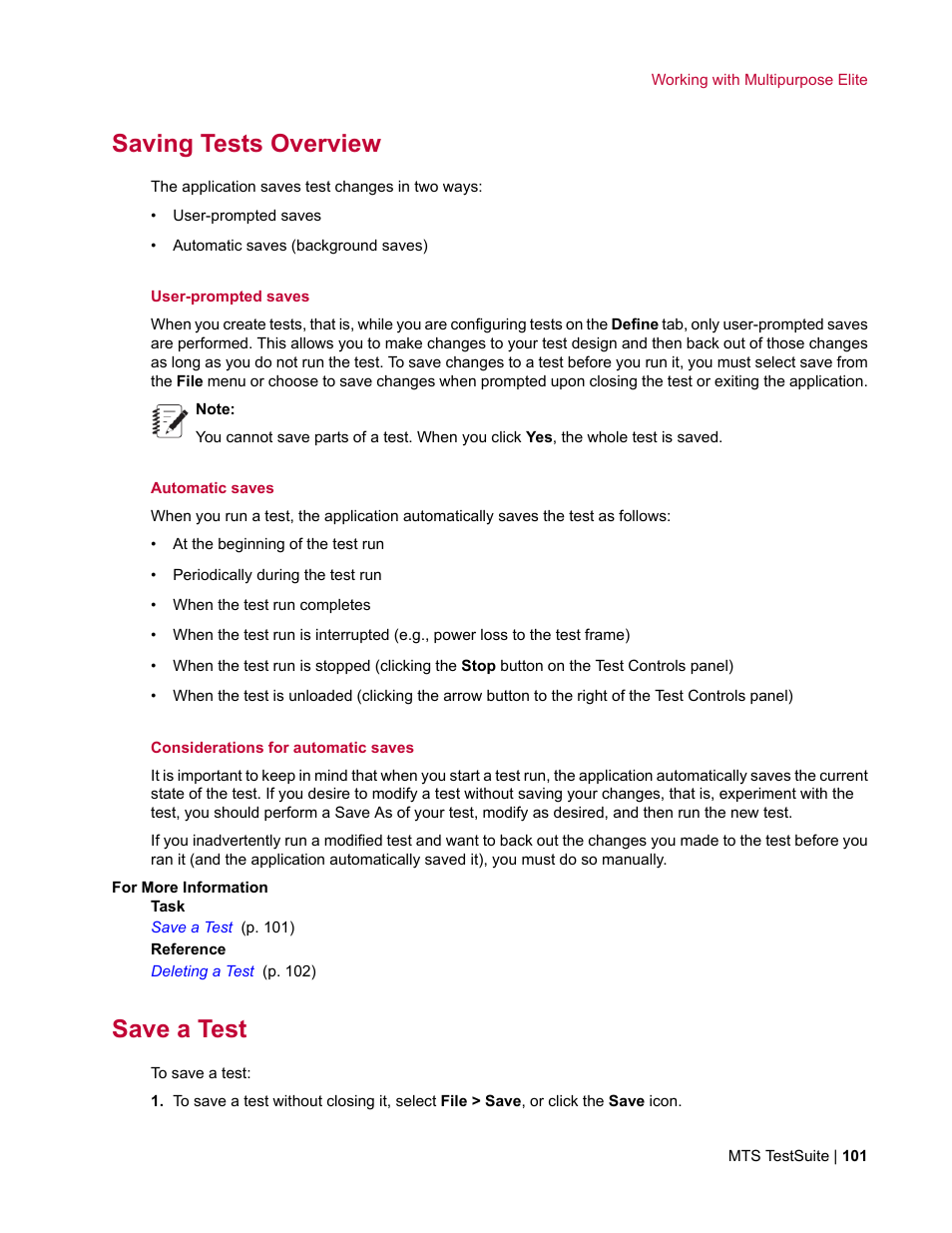 Saving tests overview, Save a test | MTS Multipurpose Elite User Manual | Page 101 / 662