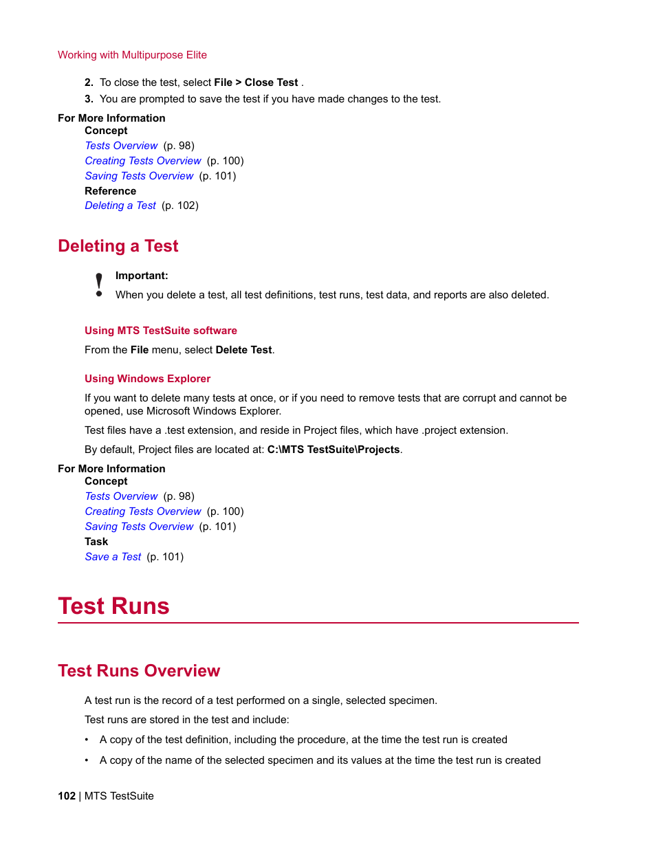 Deleting a test, Test runs, Test runs overview | MTS Multipurpose Elite User Manual | Page 102 / 662