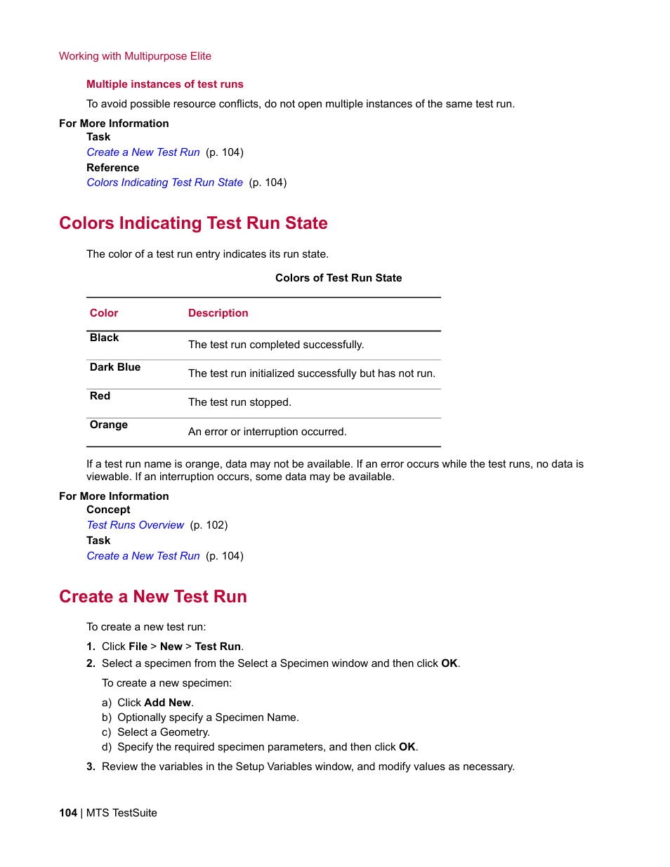 Colors indicating test run state, Create a new test run | MTS Multipurpose Elite User Manual | Page 104 / 662