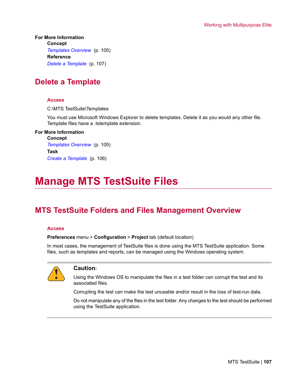 Delete a template, Manage mts testsuite files | MTS Multipurpose Elite User Manual | Page 107 / 662