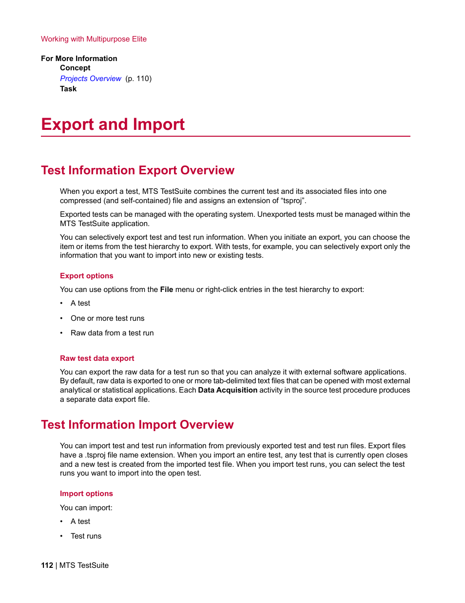 Export and import, Test information export overview, Test information import overview | MTS Multipurpose Elite User Manual | Page 112 / 662