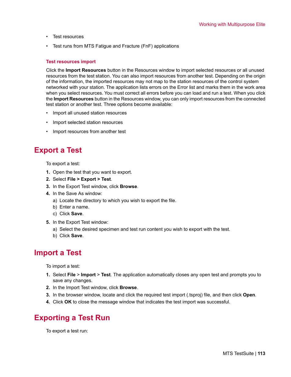 Export a test, Import a test, Exporting a test run | MTS Multipurpose Elite User Manual | Page 113 / 662