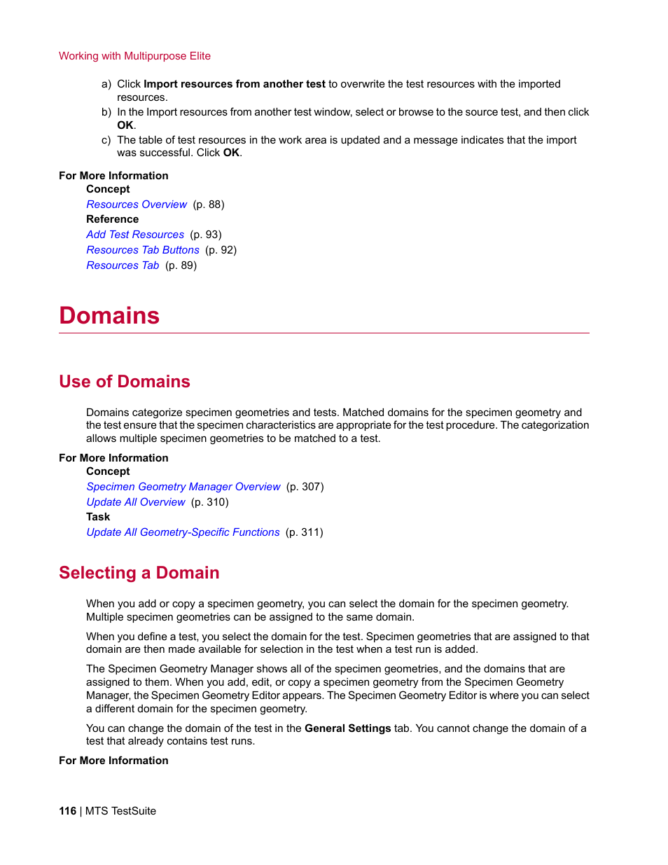 Domains, Use of domains, Selecting a domain | MTS Multipurpose Elite User Manual | Page 116 / 662