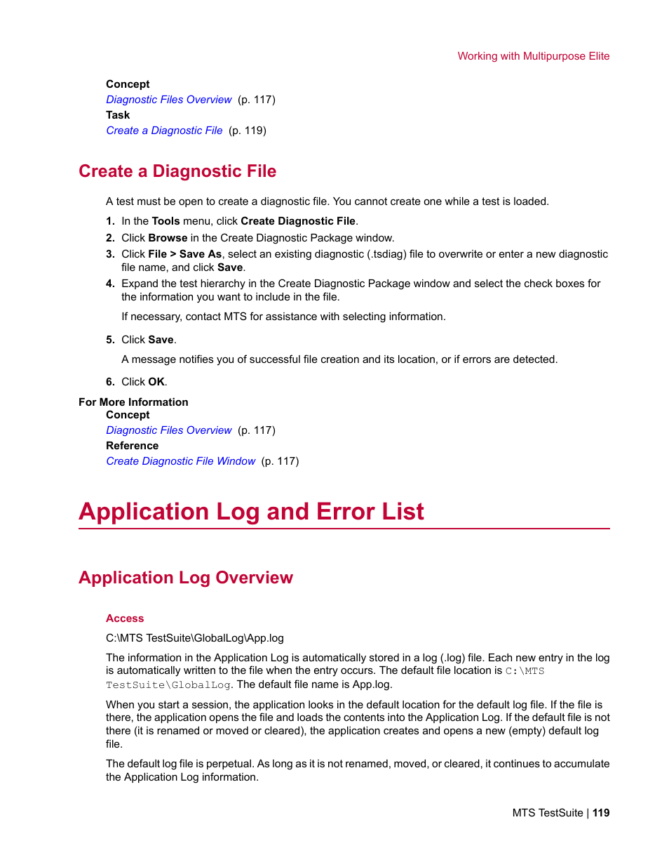 Create a diagnostic file, Application log and error list, Application log overview | MTS Multipurpose Elite User Manual | Page 119 / 662