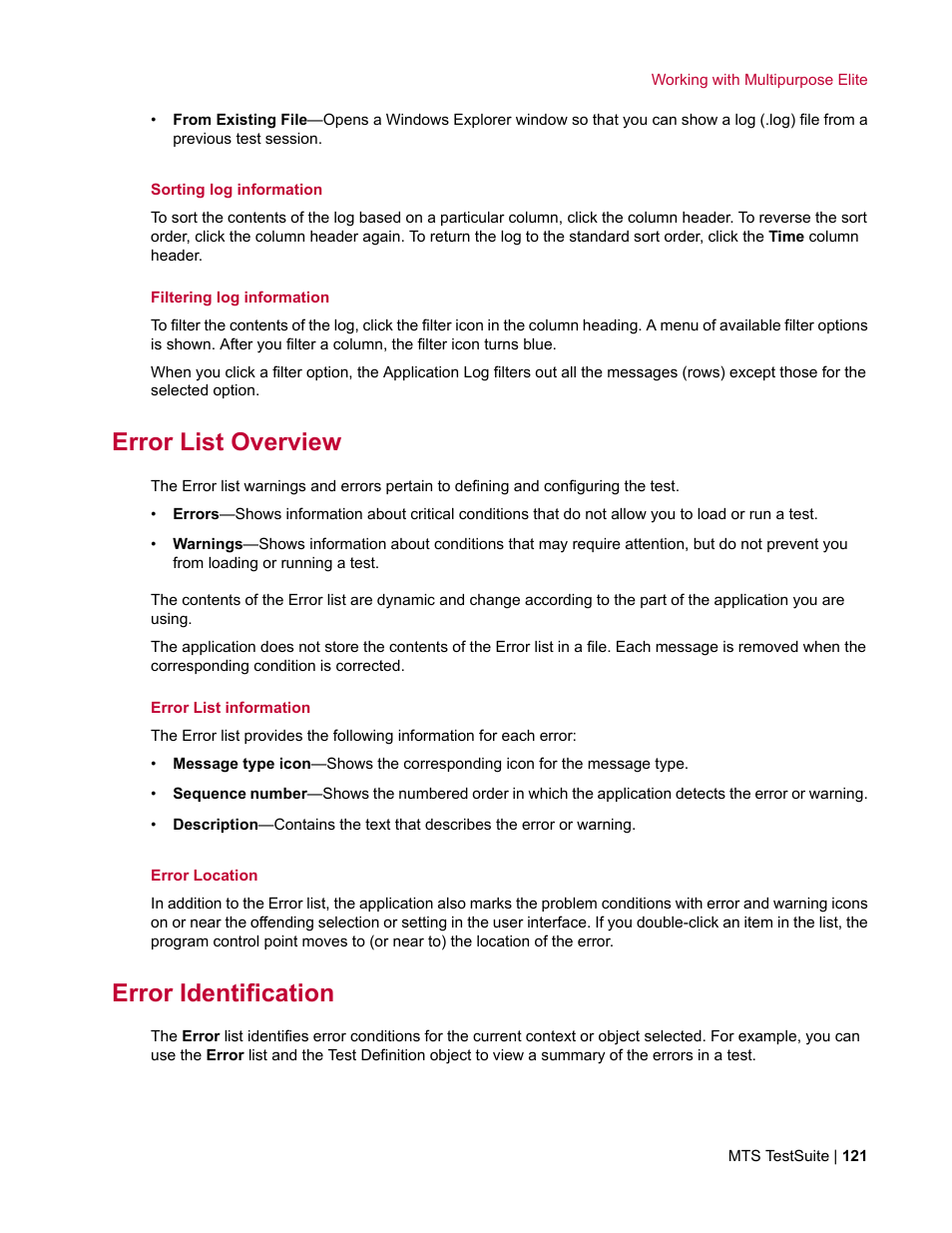 Error list overview, Error identification | MTS Multipurpose Elite User Manual | Page 121 / 662