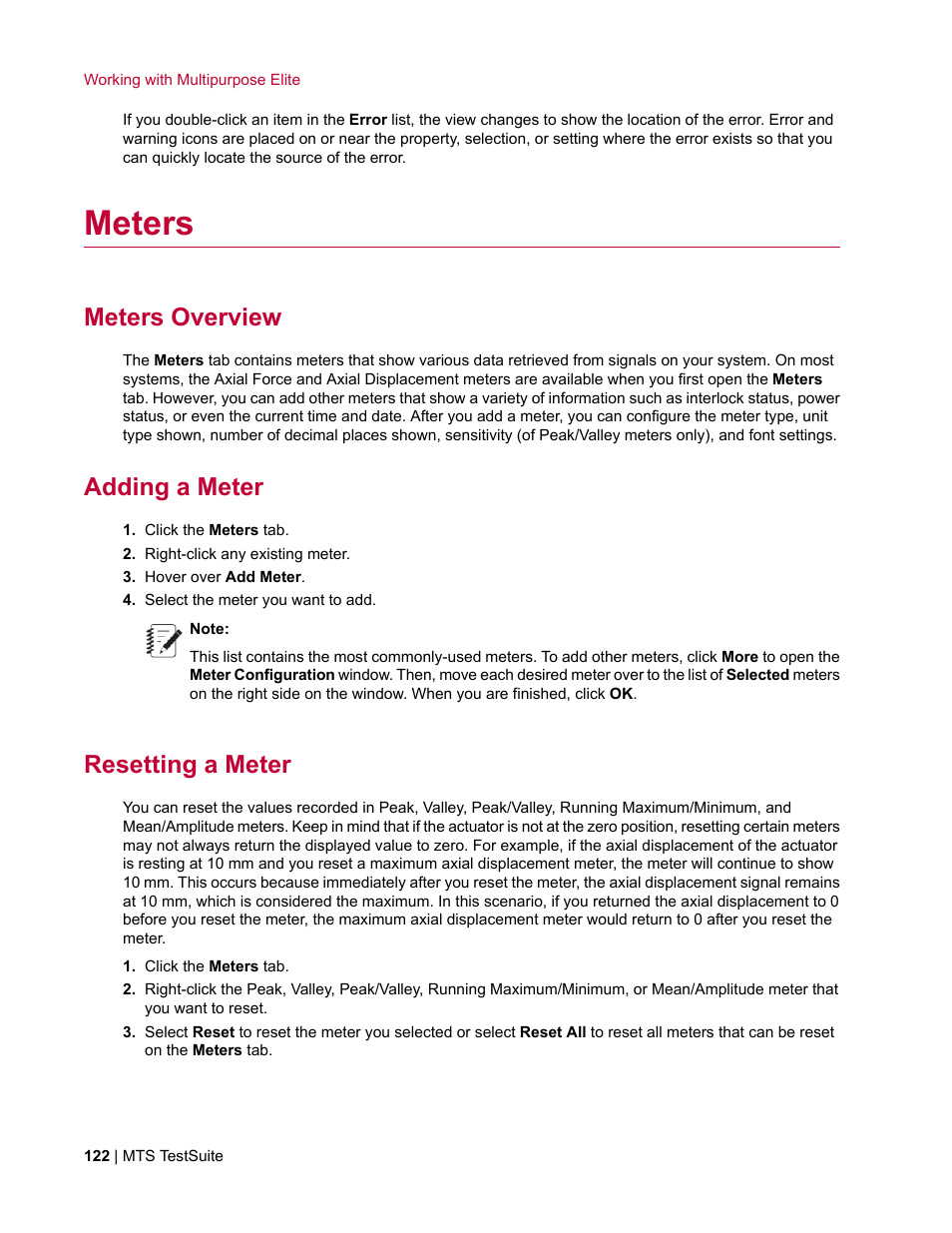 Meters, Meters overview, Adding a meter | Resetting a meter | MTS Multipurpose Elite User Manual | Page 122 / 662