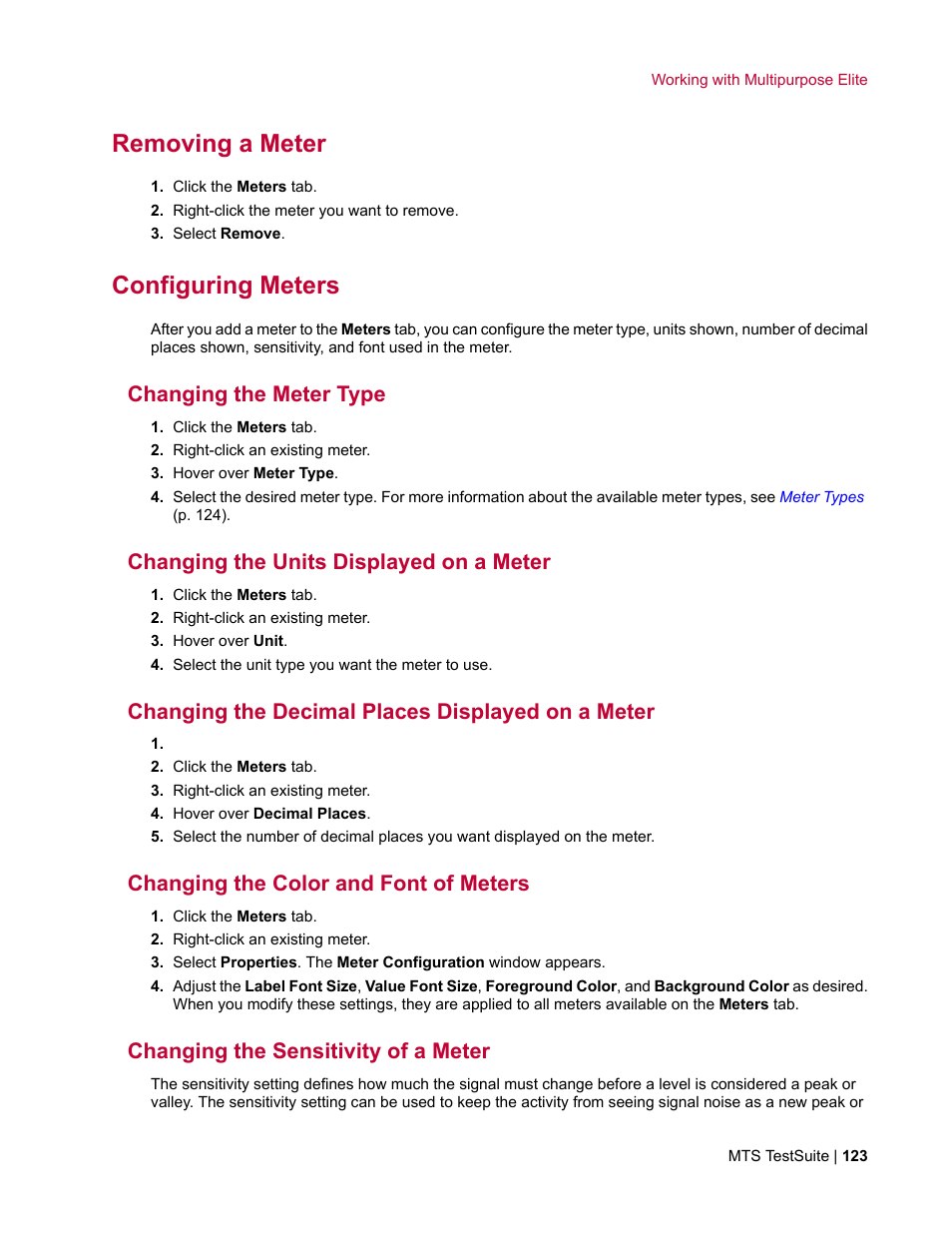 Removing a meter, Configuring meters, Changing the meter type | Changing the units displayed on a meter, Changing the decimal places displayed on a meter, Changing the color and font of meters, Changing the sensitivity of a meter | MTS Multipurpose Elite User Manual | Page 123 / 662