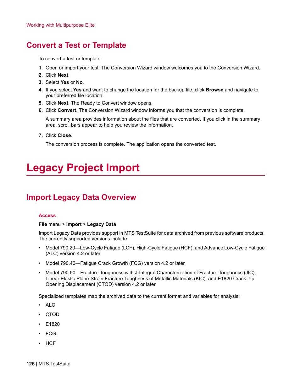Convert a test or template, Legacy project import, Import legacy data overview | MTS Multipurpose Elite User Manual | Page 126 / 662