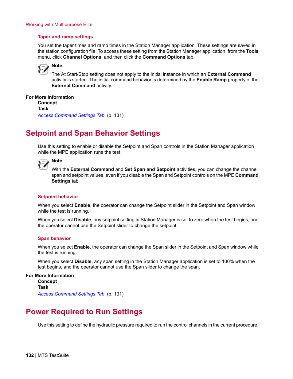 Setpoint and span behavior settings, Power required to run settings | MTS Multipurpose Elite User Manual | Page 132 / 662