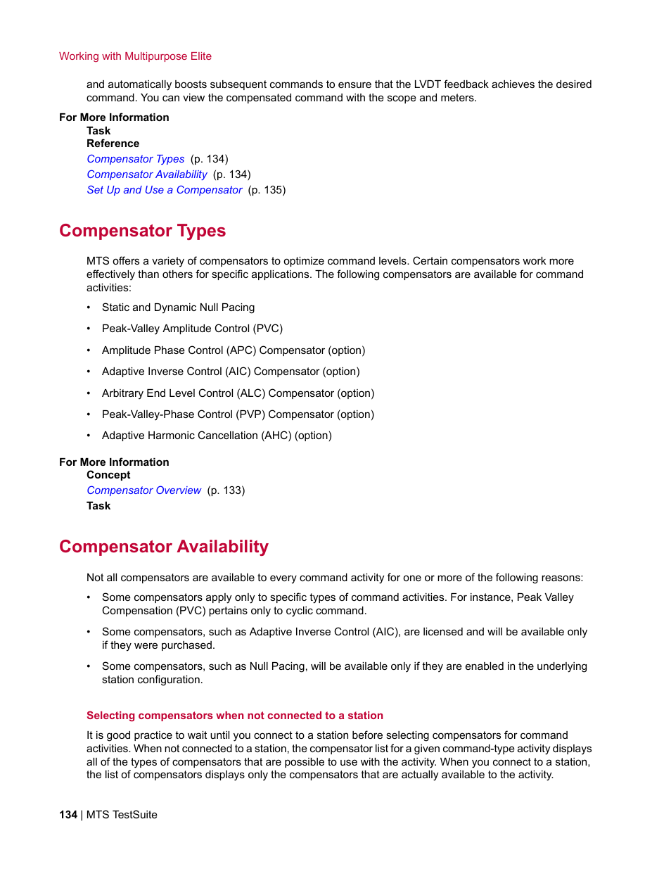 Compensator types, Compensator availability | MTS Multipurpose Elite User Manual | Page 134 / 662