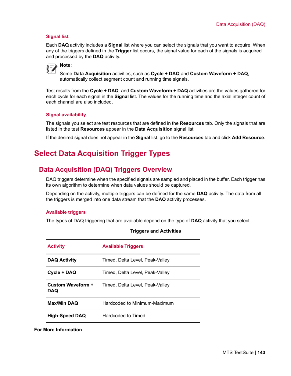 Select data acquisition trigger types, Data acquisition (daq) triggers overview | MTS Multipurpose Elite User Manual | Page 143 / 662