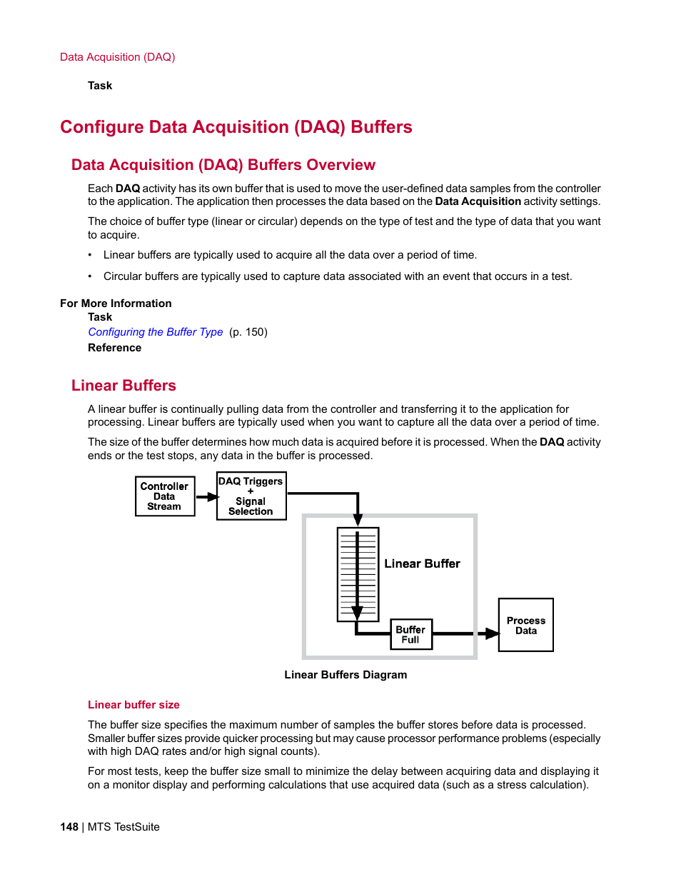 Configure data acquisition (daq) buffers, Data acquisition (daq) buffers overview, Linear buffers | MTS Multipurpose Elite User Manual | Page 148 / 662