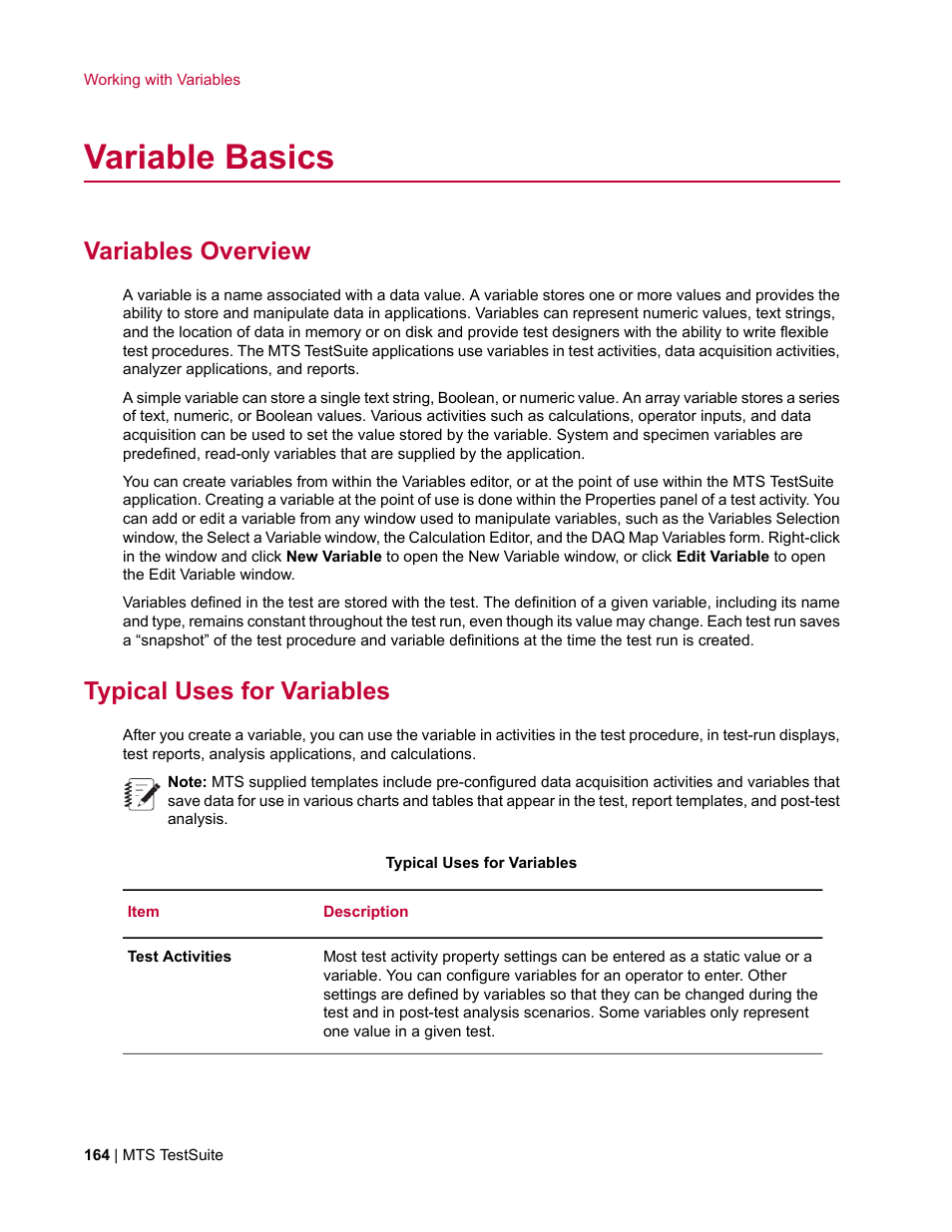 Variable basics, Variables overview, Typical uses for variables | MTS Multipurpose Elite User Manual | Page 164 / 662