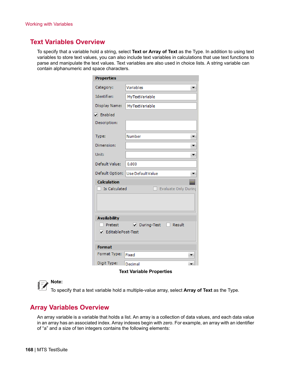 Text variables overview, Array variables overview | MTS Multipurpose Elite User Manual | Page 168 / 662