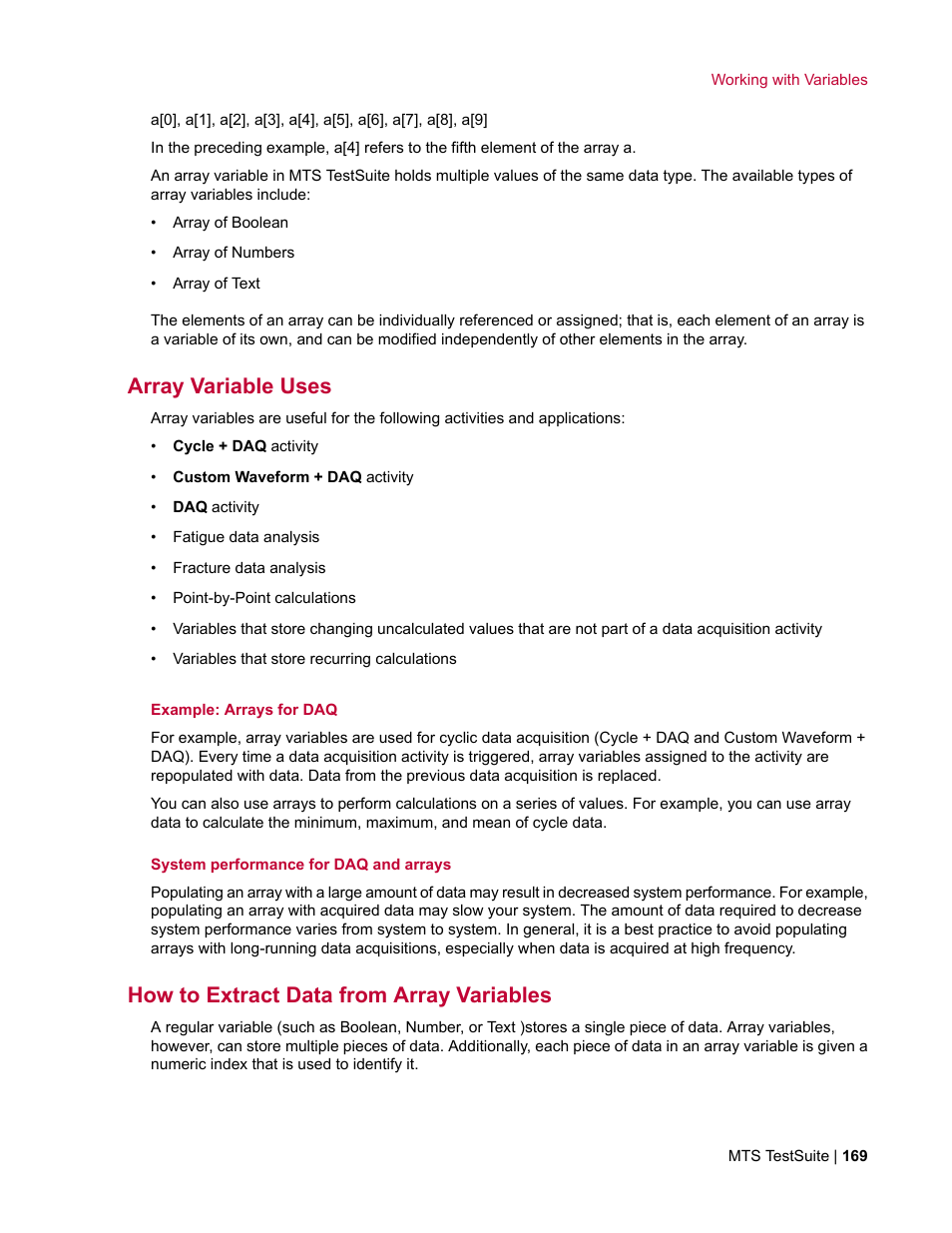 Array variable uses, How to extract data from array variables | MTS Multipurpose Elite User Manual | Page 169 / 662