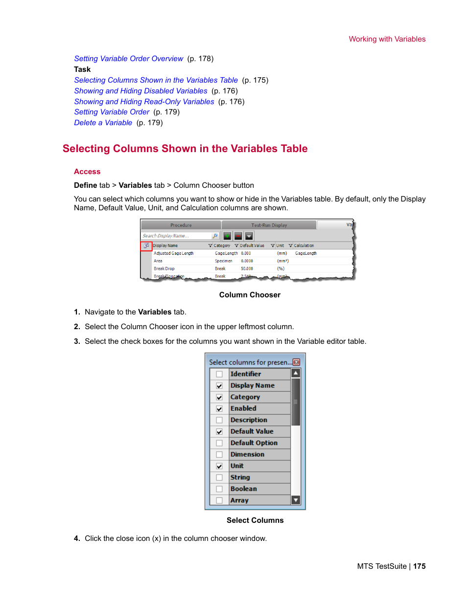 Selecting columns shown in the variables table | MTS Multipurpose Elite User Manual | Page 175 / 662
