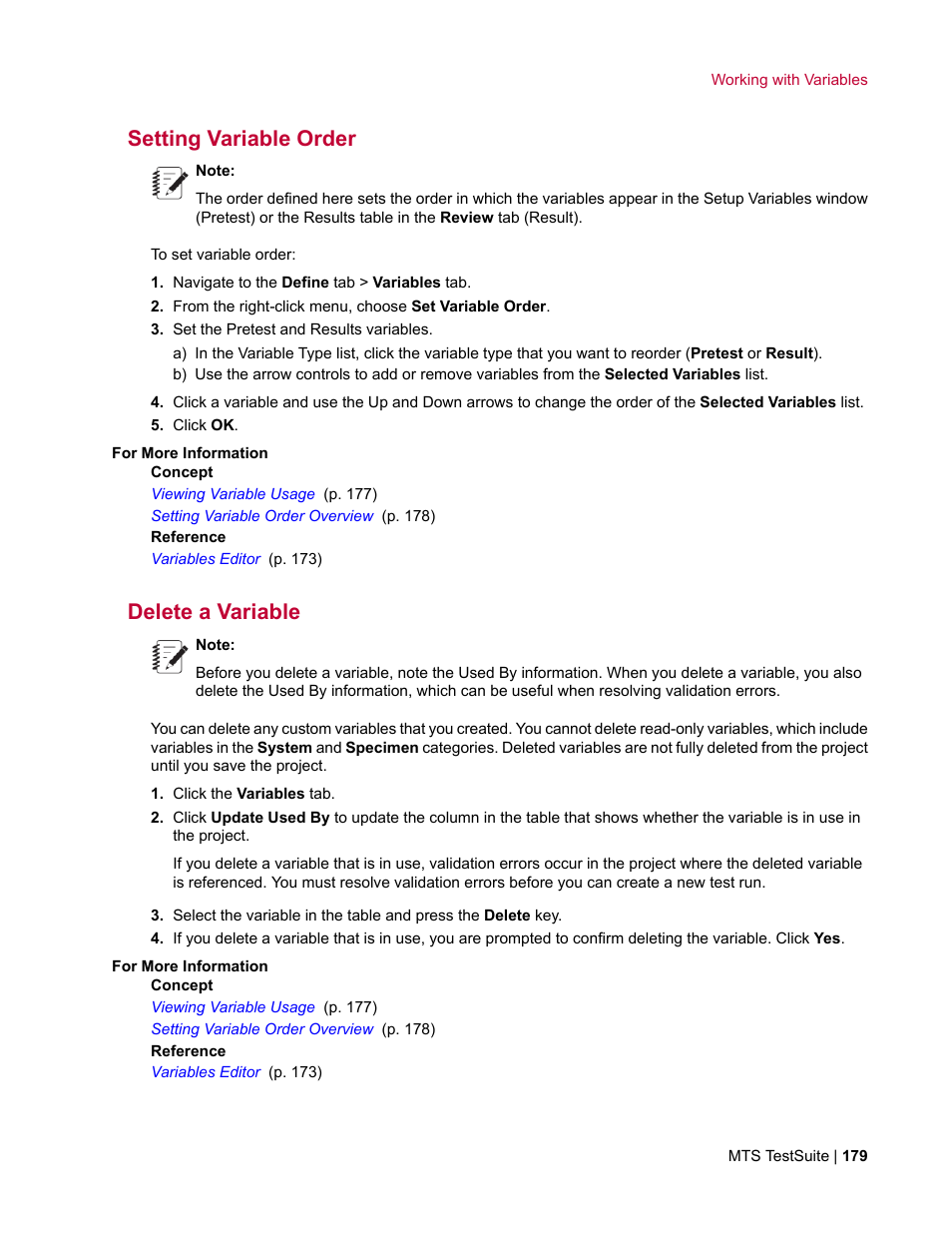 Setting variable order, Delete a variable | MTS Multipurpose Elite User Manual | Page 179 / 662