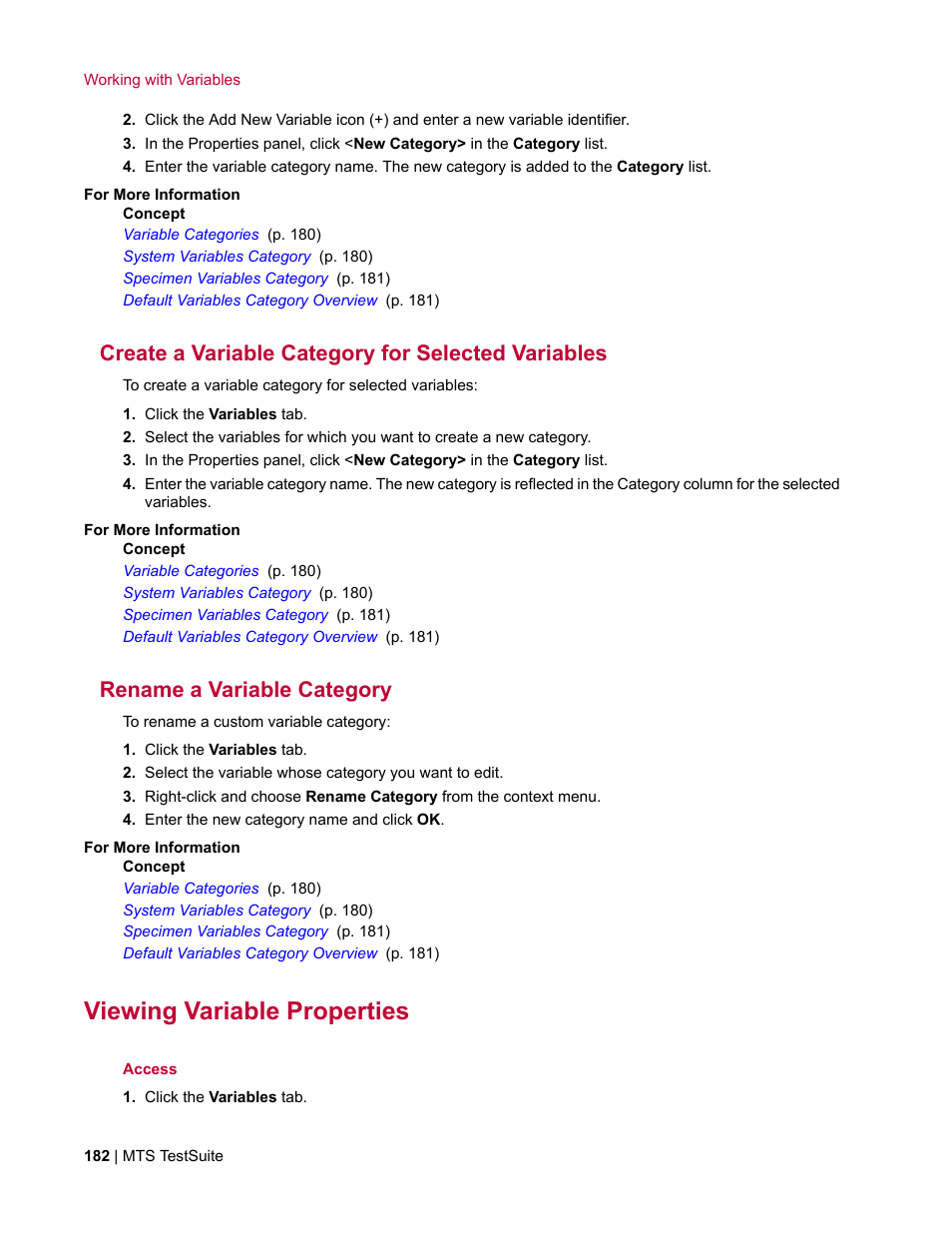 Create a variable category for selected variables, Rename a variable category, Viewing variable properties | MTS Multipurpose Elite User Manual | Page 182 / 662