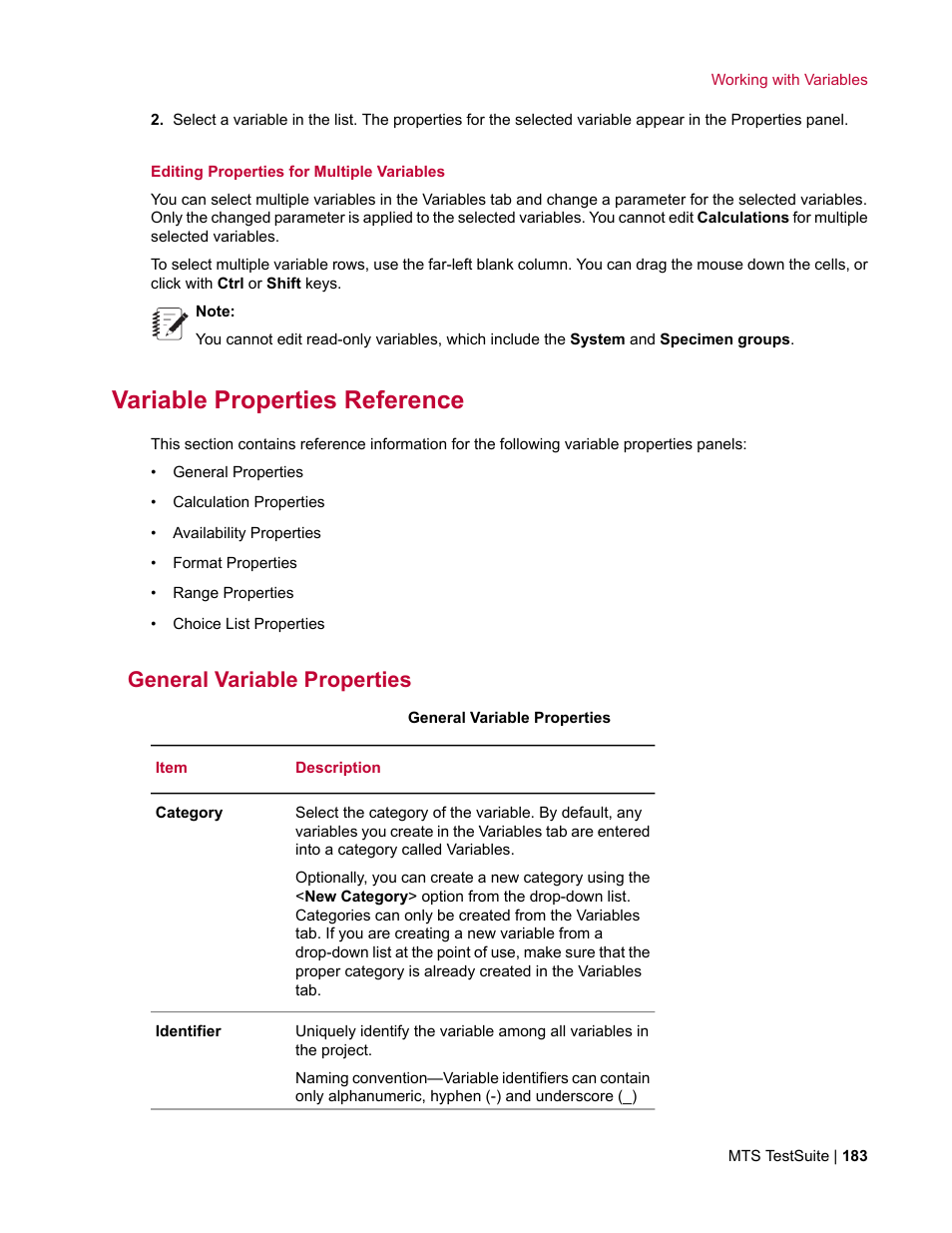 Variable properties reference, General variable properties | MTS Multipurpose Elite User Manual | Page 183 / 662