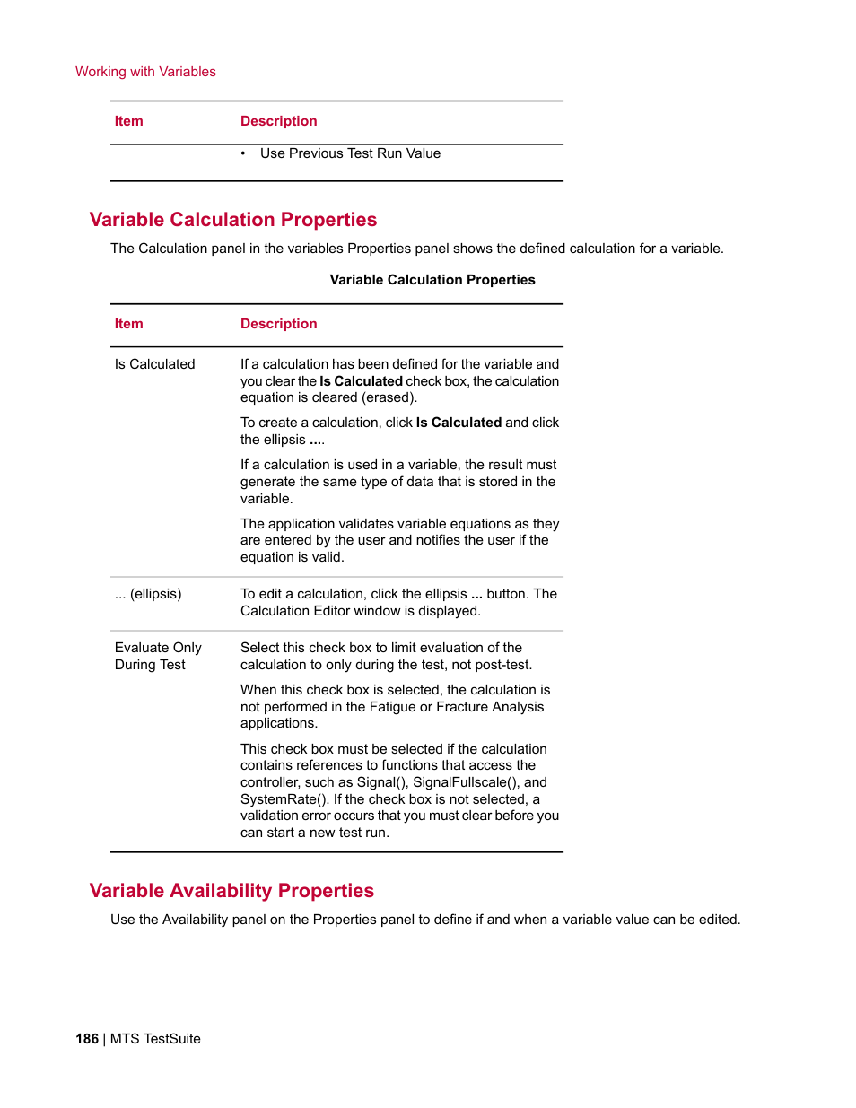 Variable calculation properties, Variable availability properties | MTS Multipurpose Elite User Manual | Page 186 / 662