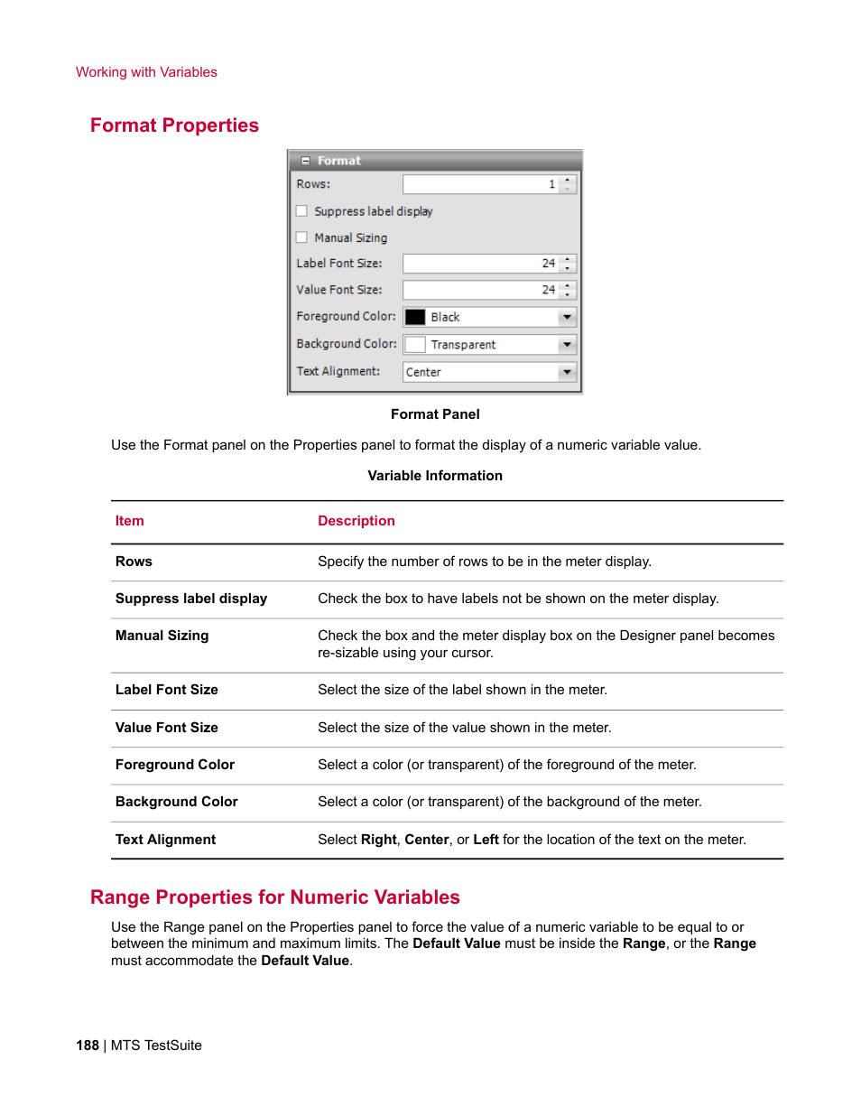 Format properties, Range properties for numeric variables | MTS Multipurpose Elite User Manual | Page 188 / 662