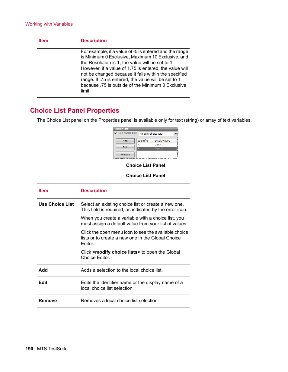 Choice list panel properties | MTS Multipurpose Elite User Manual | Page 190 / 662