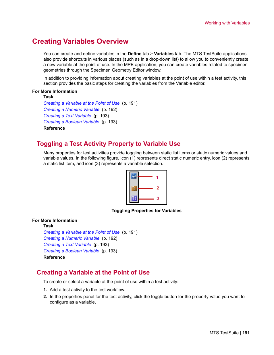 Creating variables overview, Toggling a test activity property to variable use, Creating a variable at the point of use | MTS Multipurpose Elite User Manual | Page 191 / 662