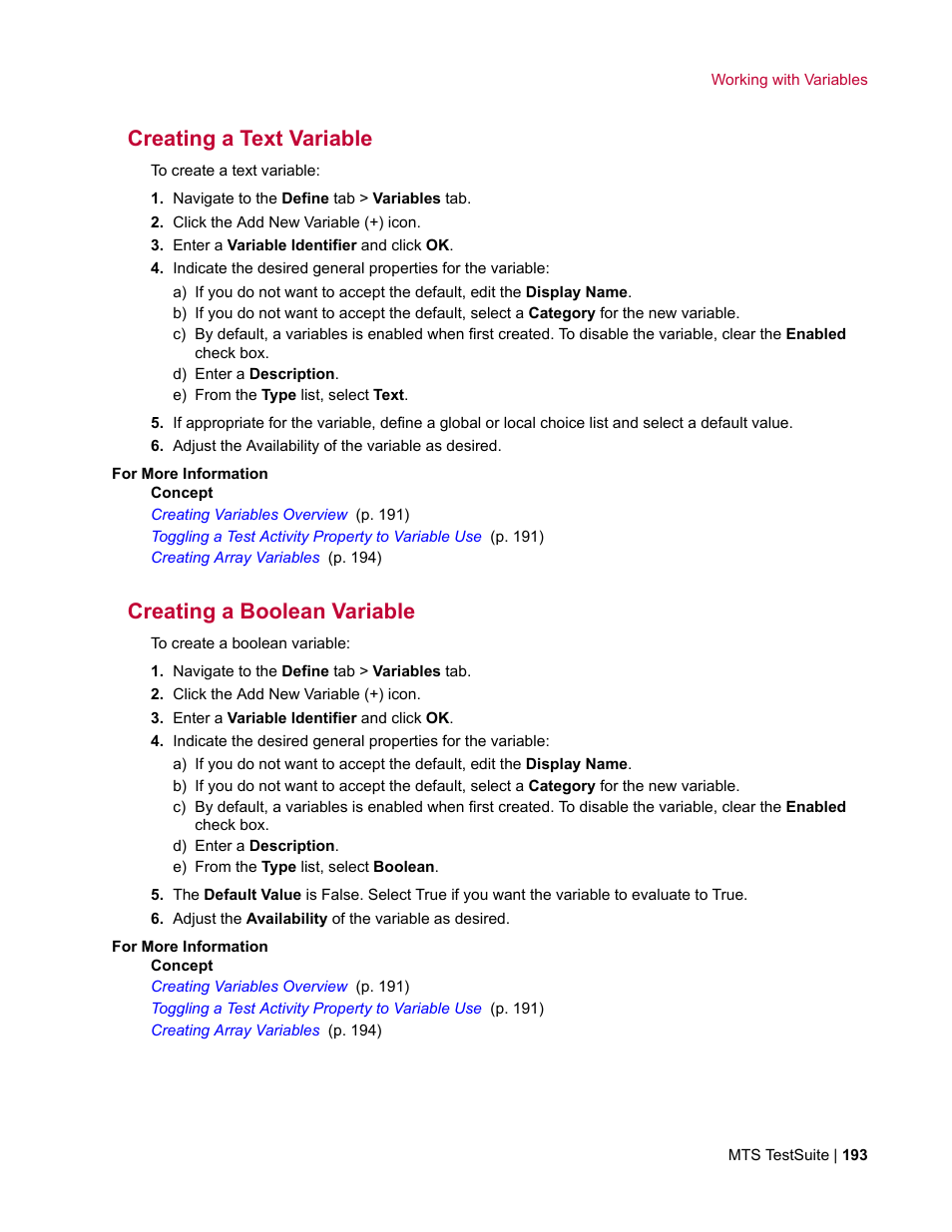 Creating a text variable, Creating a boolean variable | MTS Multipurpose Elite User Manual | Page 193 / 662