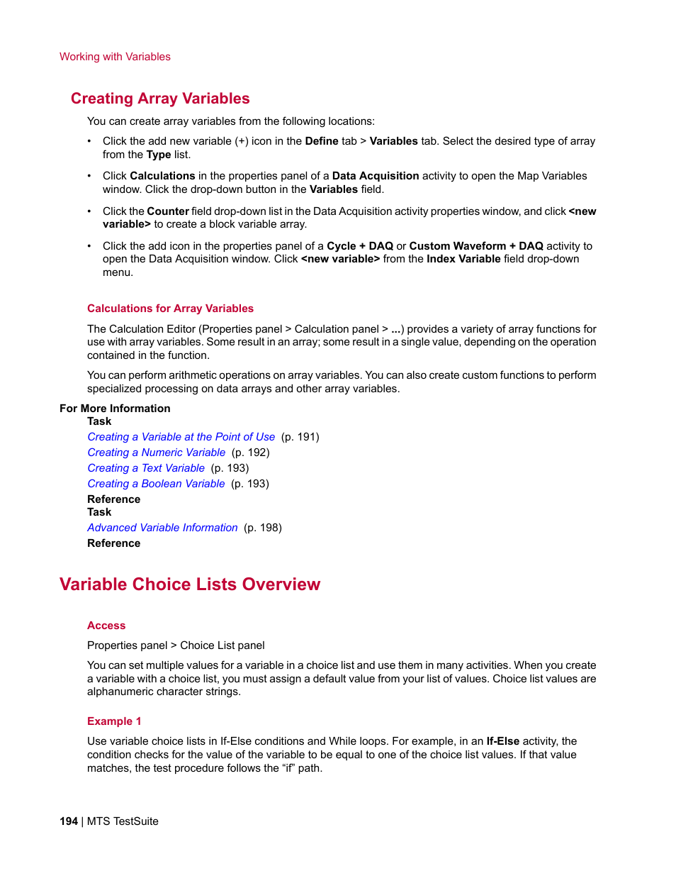 Creating array variables, Variable choice lists overview | MTS Multipurpose Elite User Manual | Page 194 / 662