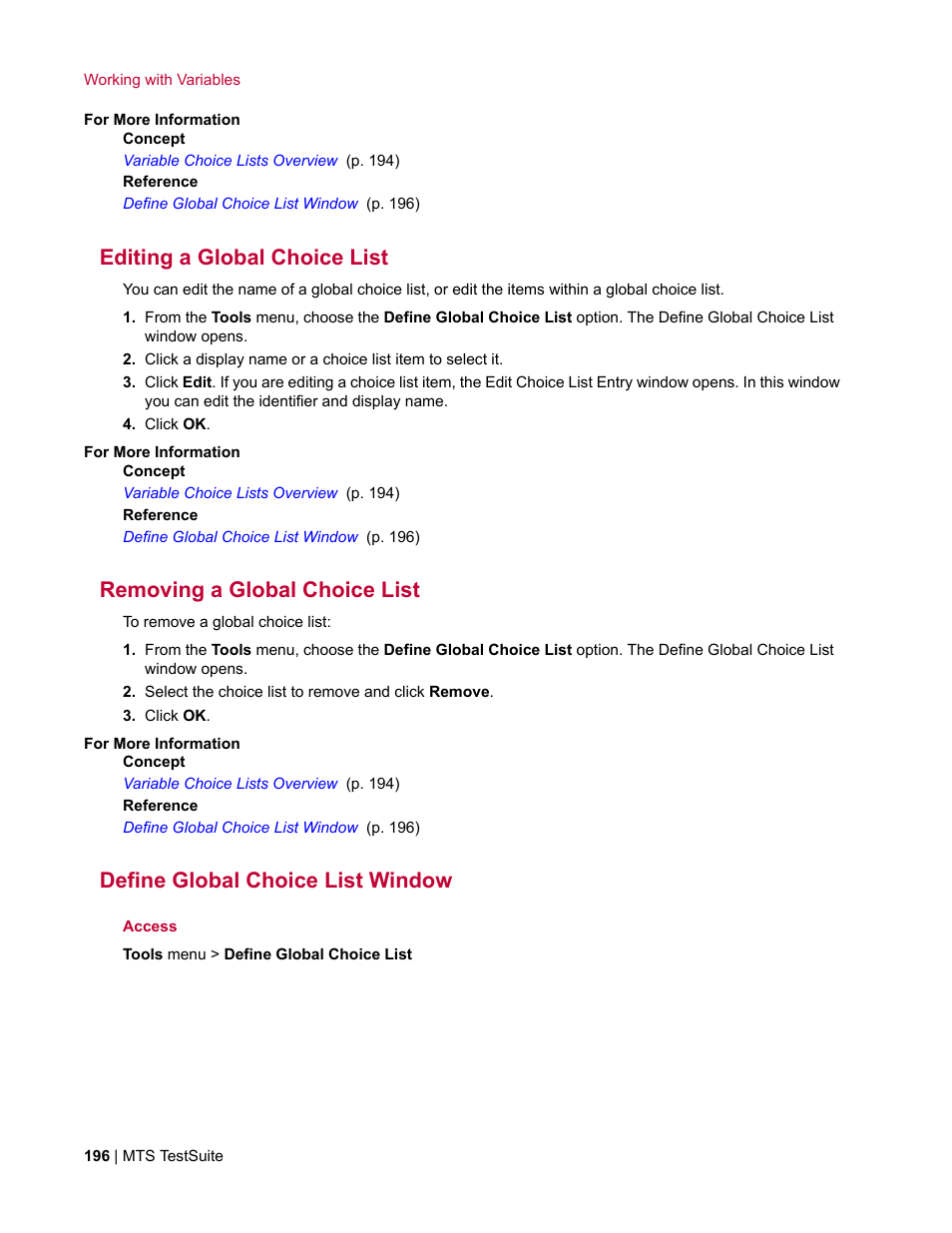 Editing a global choice list, Removing a global choice list, Define global choice list window | MTS Multipurpose Elite User Manual | Page 196 / 662